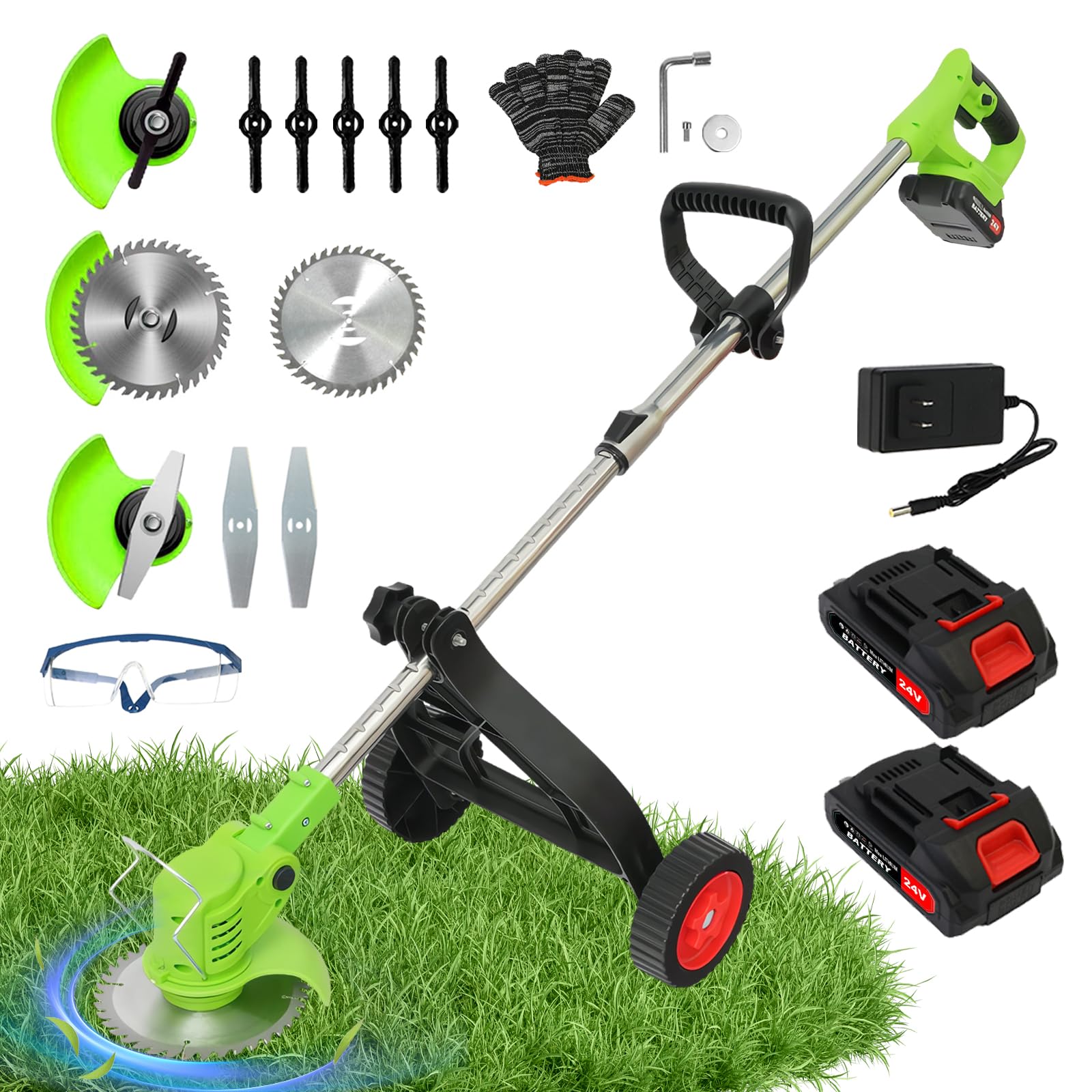 ALSO GO Cordless Weed Wacker, Electric Grass Trimmer with 2pcs 21V Batteries, 3 in 1 Stringless Trimmer, Battery Powered Lawn Edger with Wheels, Lightweight Brush Cutter for Garden Yard Lawn