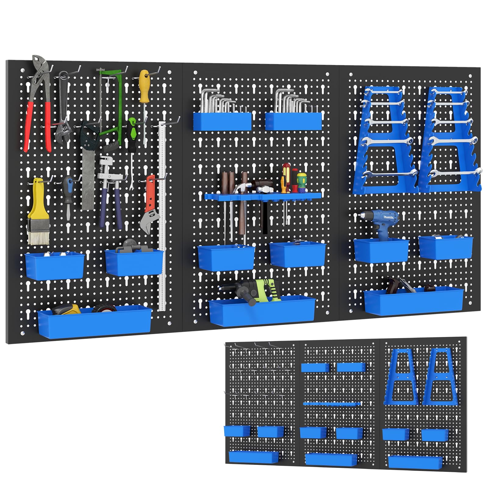HOMFME Wall Mounted Peg Board Kit, Metal Pegboard Set with Hanging Hooks, Utility DIY Peg Panel Organiser for Home Kitchen Workshop Garage (Black + Blue, 3PCS Pegboards+ 26PCS Accessories)