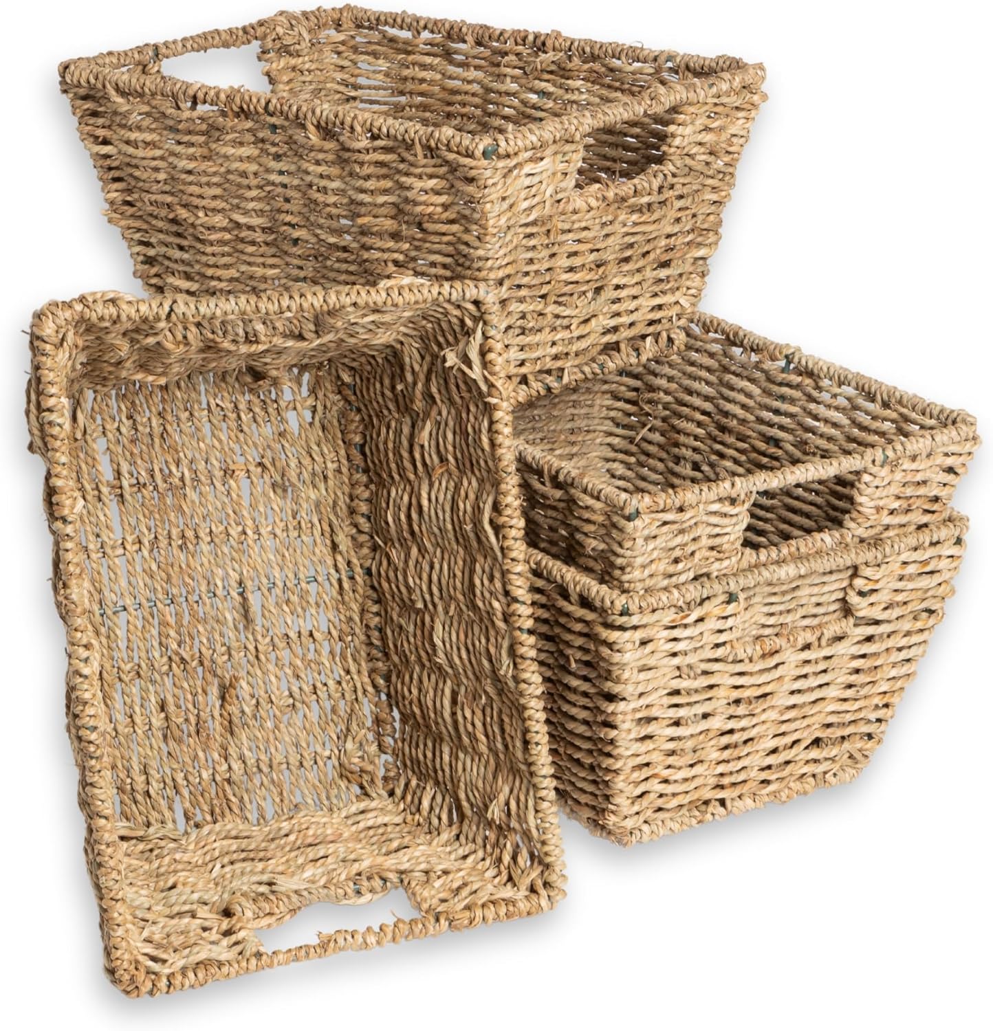 Vencier Set of 4 Handwoven Seagrass Storage Baskets – Natural Wicker Organizer Baskets with Handles for Shelves, Bathroom, Bedroom, and Home Office – Nesting Design for Space-Saving Storage