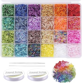 AUTUUCKEE 9600 Pcs Tube Beads Kit, Small Craft Beads, Glass Bugle Beads | for DIY Bracelet Necklaces Crafting Jewelry Making Supplies with Two Crystal String 7mm, 400 Per Color, 24 Colors