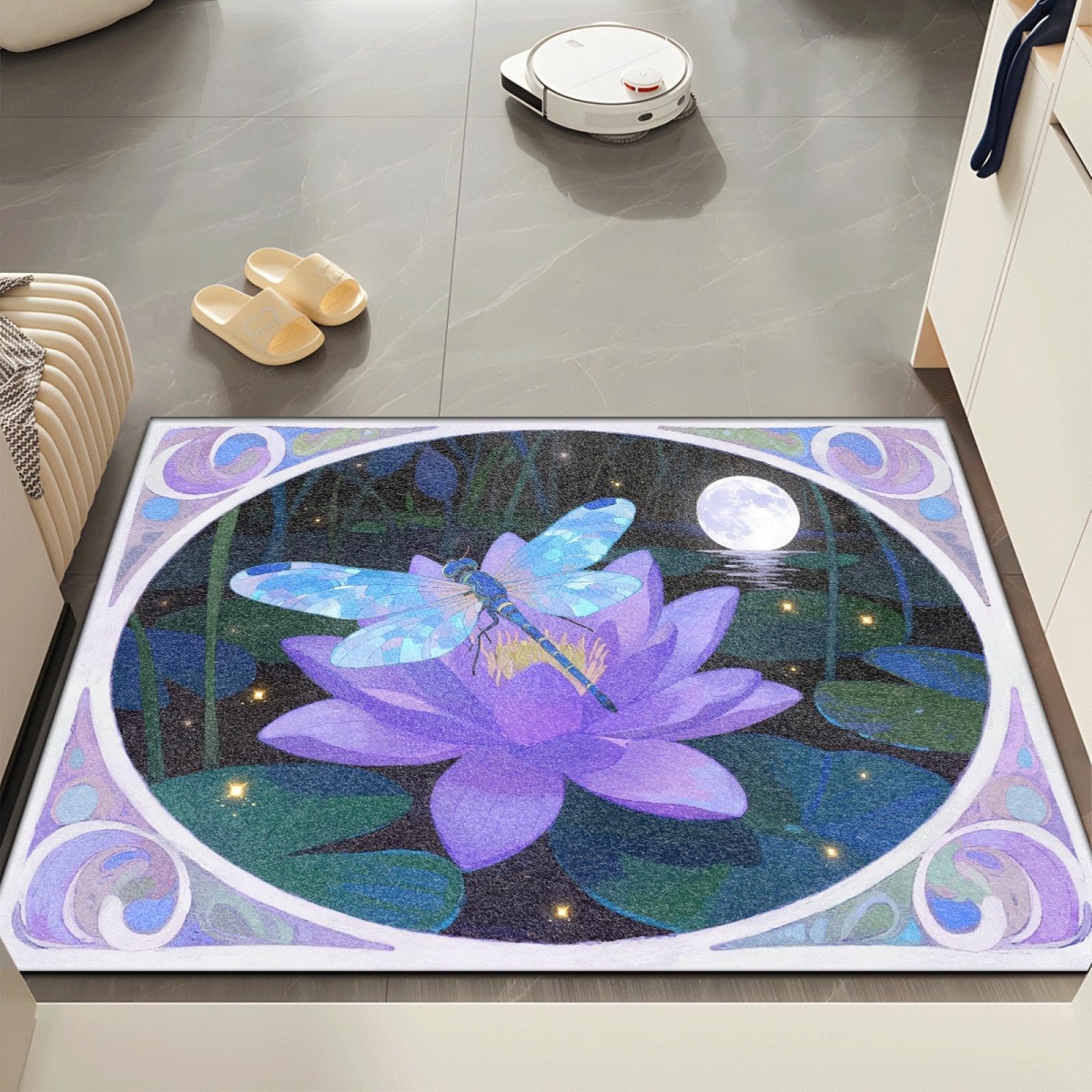 Fussmatte Innen 80x120 cm Lila Lotus Mond Fussmatte Aussen rutschfeste für Hund Eingang Badematte Waschbar Schmutzfangmatte Strapazierfähige und Langlebige Fussmatten Haustür