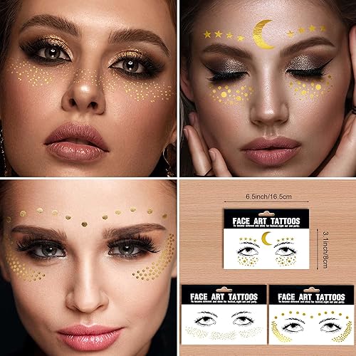 Miniatura 2 de 3 hojas de pecas y cara de luna metálica de tatuaje  Ojo dorado purpurina temporal transferencia de agua tatuaje maquillaje profesional bailarina