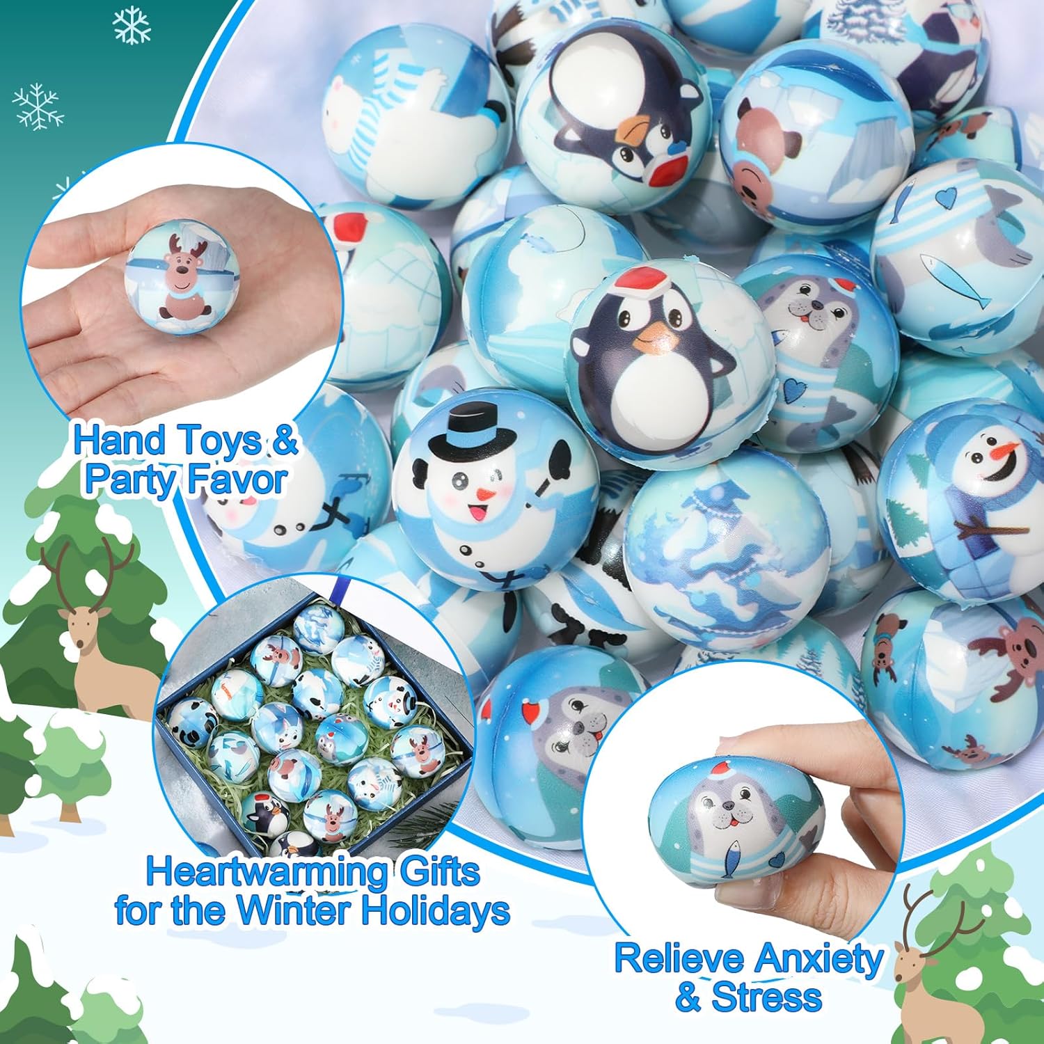 Liliful Winter Stress Balls Bulk Holiday Party Favor Gifts 12 Cute Patterns Snowman Penguin Polar Bear Sensory Anxiety Relief Bag Fillers Stocking Stuffers - Image 2