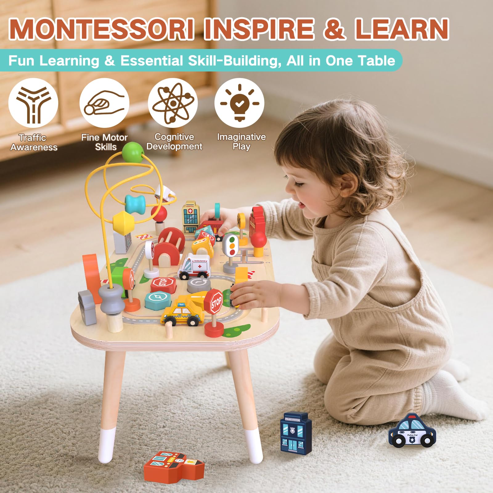 Weilim Mesa de Actividades de Madera para bebés, Juguete Montessori con Laberinto de Cuentas, clasificador de Formas y Pista de Tren, Juguete Educativo sensorial (Coche)