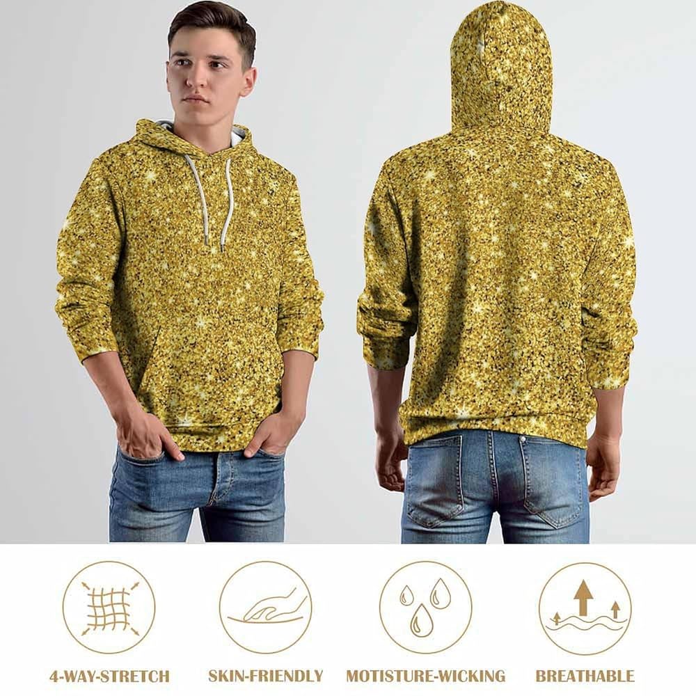 Unisex Hoodie Sequin Gold Drawstring Pullover Casual Print