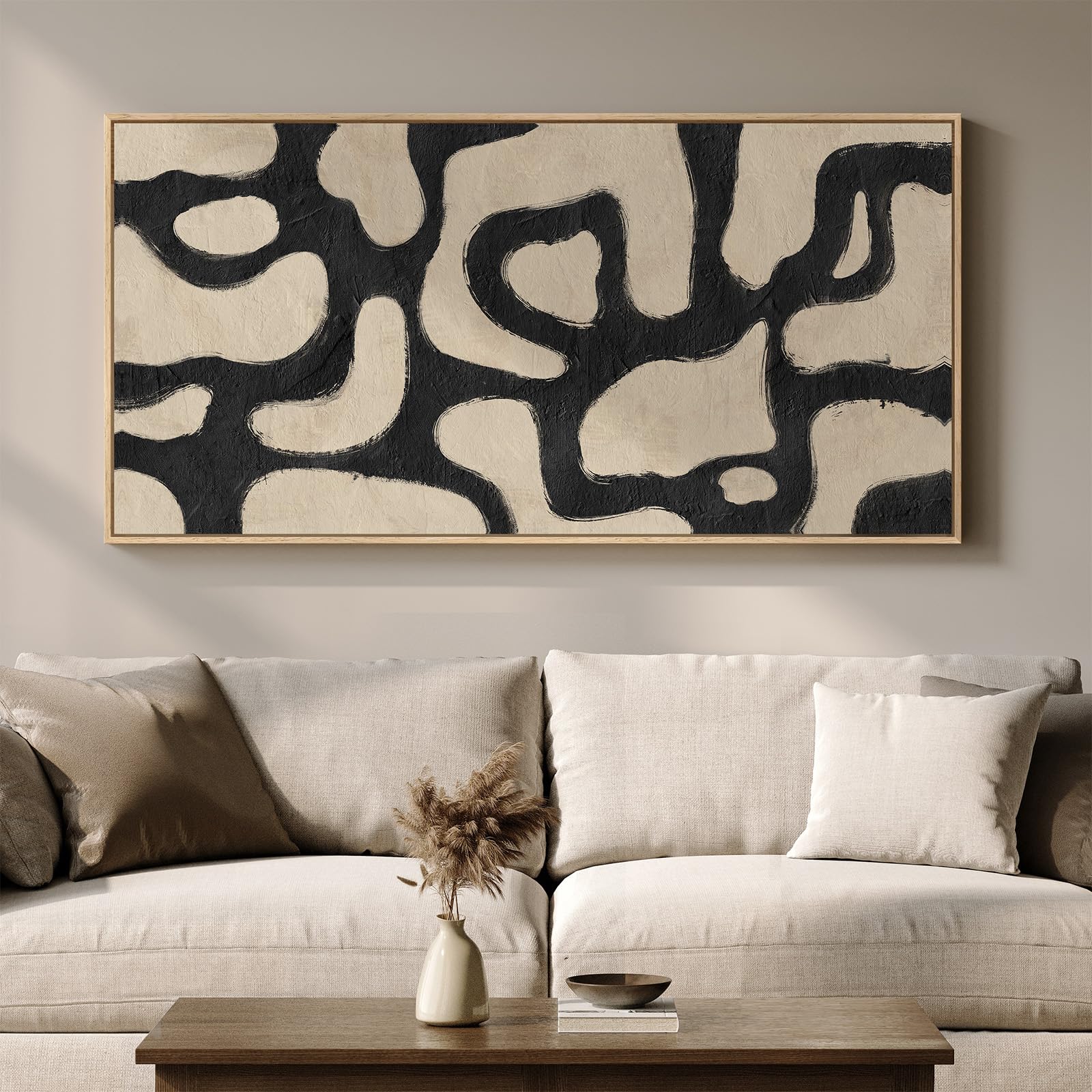 framed neutral horizontal abstract wall art for living room, extra large black and beige modern painting print, mid century canvas artwork for dining room bedroom hallway office walls decor, 30x60 inch