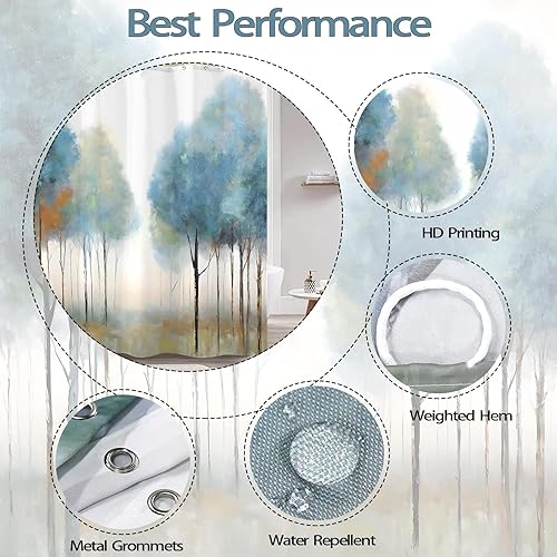 Miniatura 7 de Cortina de ducha de tela con diseño de árbol azul, cortinas de ducha de tela, juego de decoración de baño con 12 ganchos, árbol azul, 72 x 72
