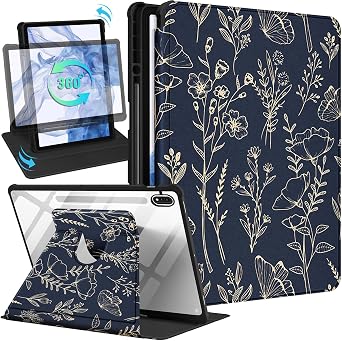 Kidcube for Samsung Galaxy Tab S9 Plus/S9 FE Plus Case 12.4 Inch Women Girls Cute Folio Cover with Pencil Holder Gold Flowers Girly Design Rotating Stand Teen Tablet Case for Tab S9 FE+/S9+ 2023