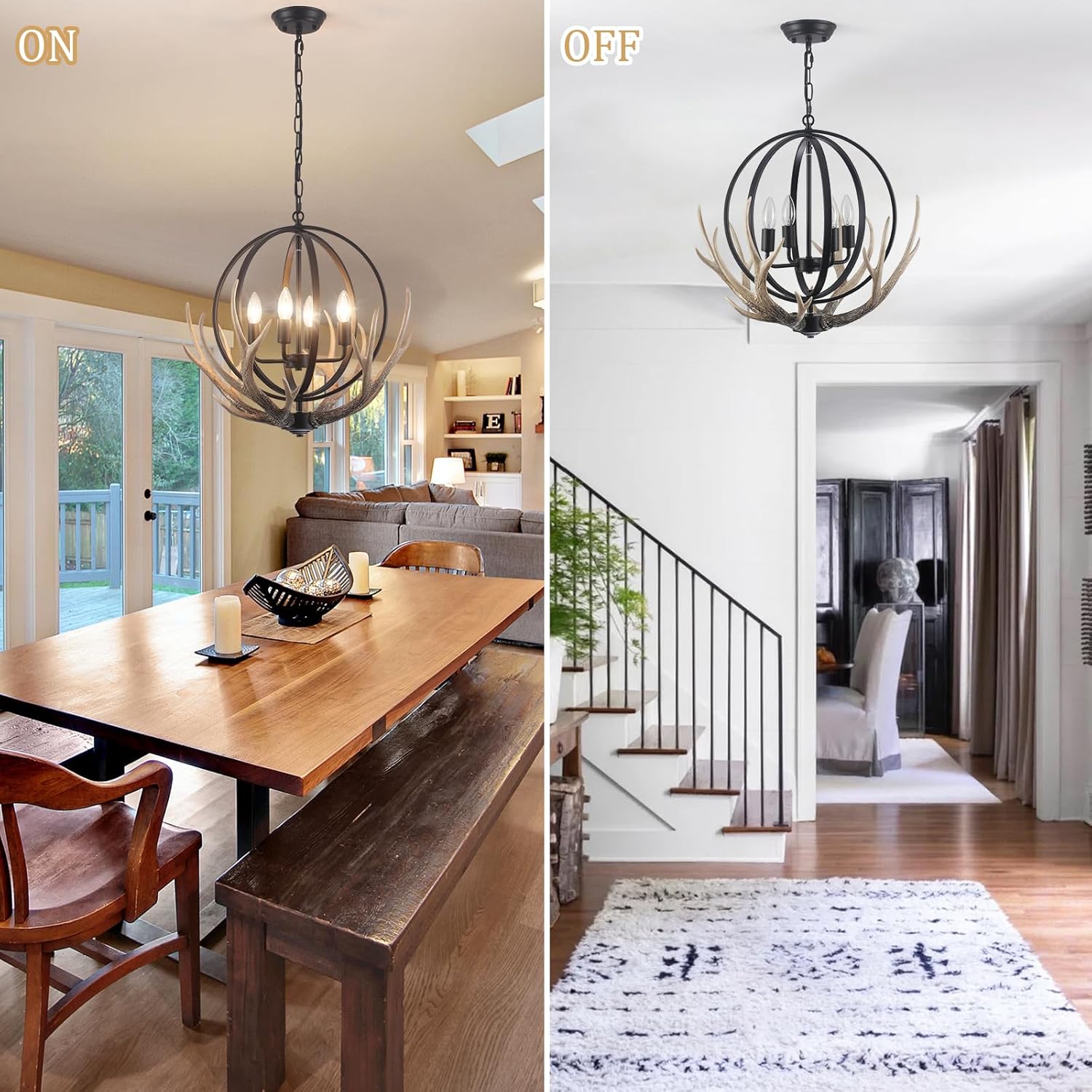 Antler Chandelier 4-Light Farmhouse Rustic Chandelier for Dining Room Light Fixture with 4 Resin Deer and Metal Globe Chandeliers Vintage Pendant Lights for Kitchen Island Foyer Entryway Living Room