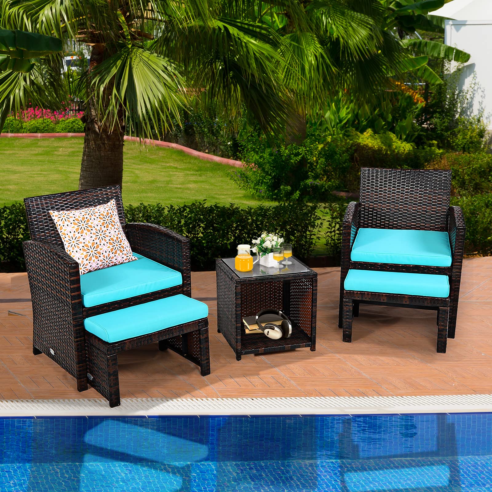 GIANTEX 2 Taburetes Reposapiés de Ratán de Jardín, Cojín Impermeable Extraíble, Taburetes, Mesas, Multiusos, 49 x 40 x 28 cm, Azul