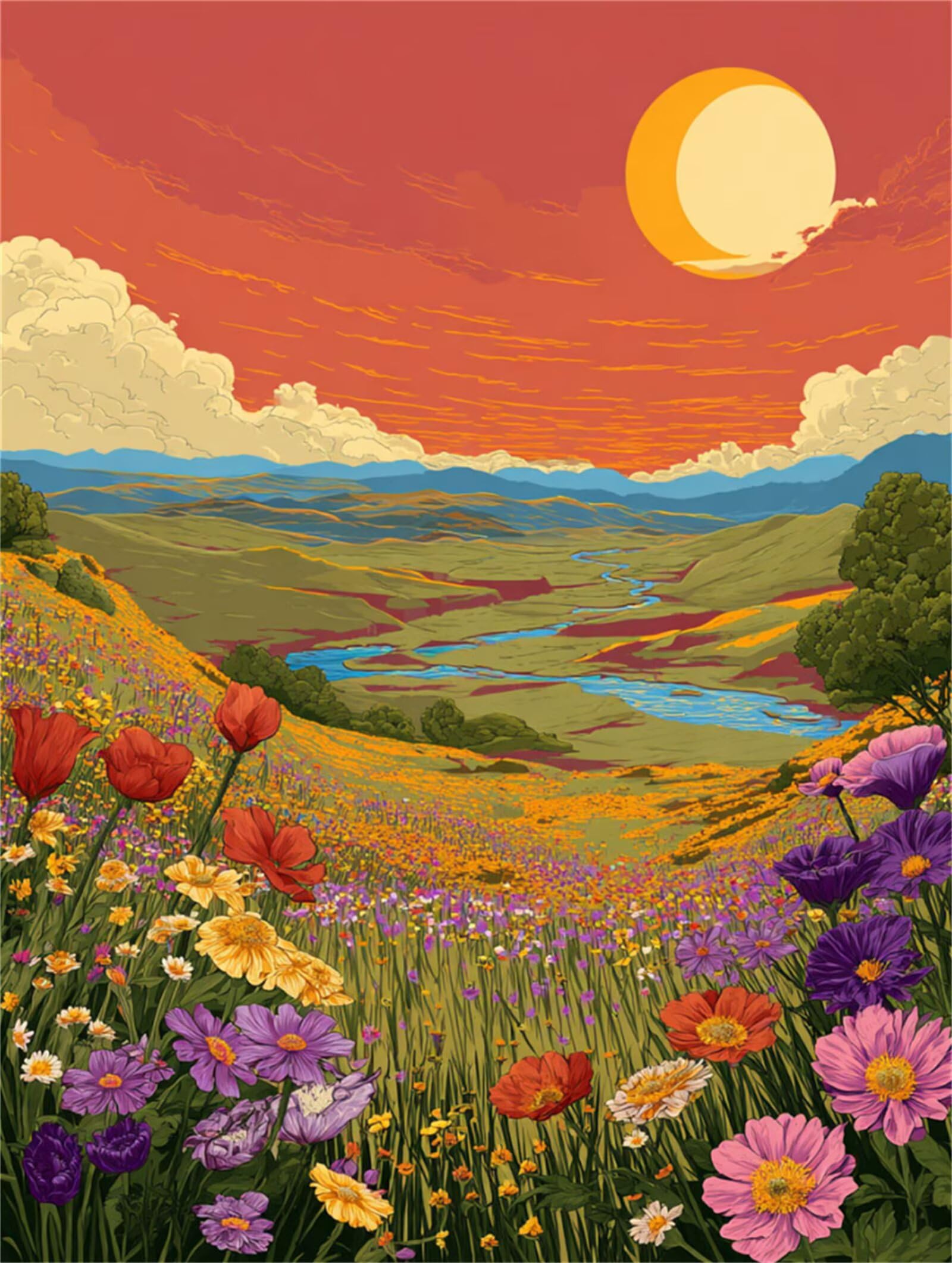 Dipingere con i Numeri Adulti Fiori, tramonto Dipingere con i Numeri Bambini DIY Kit, Set Premium con Pennelli, Decorazione Casa & Creativo Regalo, Attività di Tempo libero 90x120cm z-176