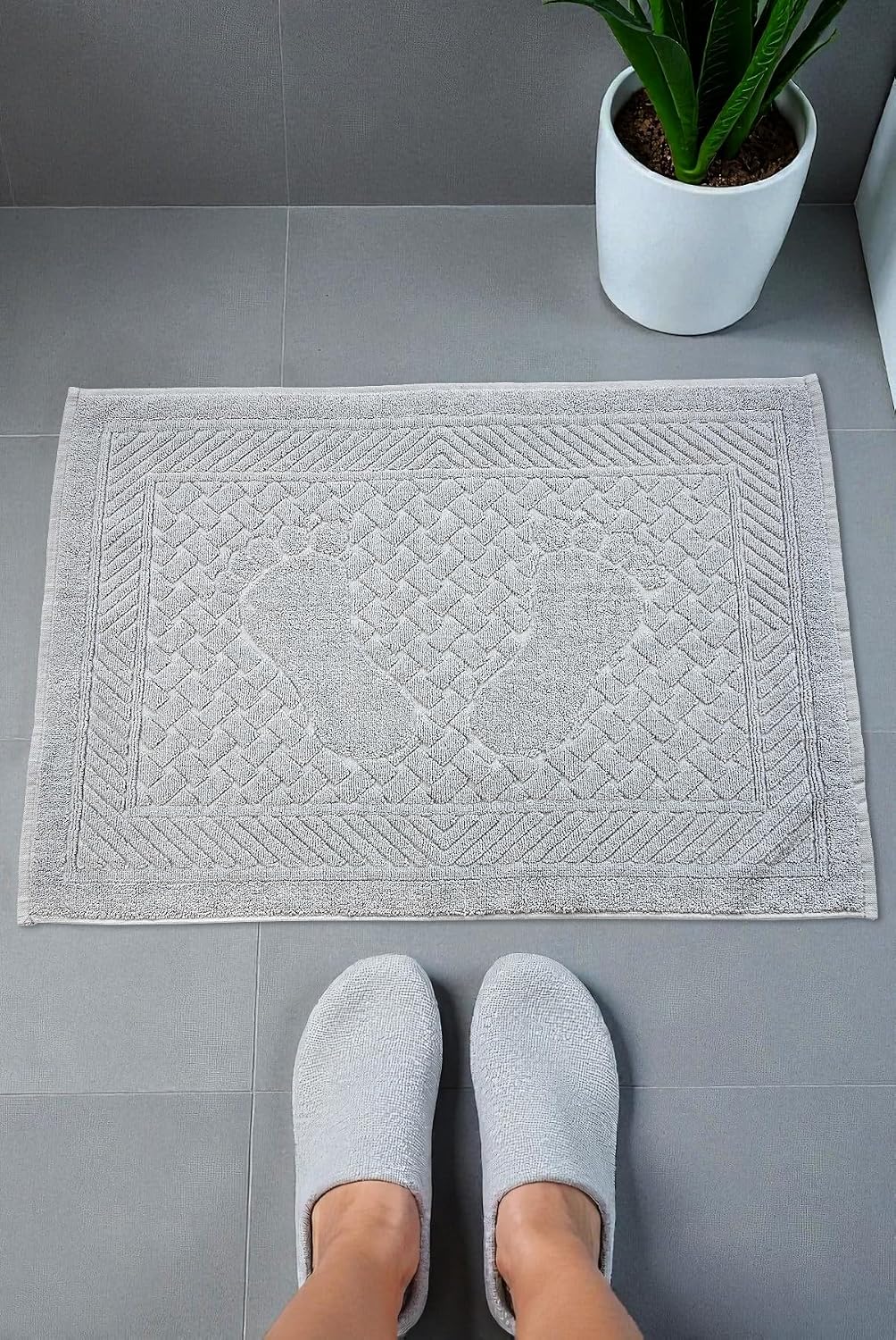 Ayak İzi Desenli 2li Ayak Havlusu - 50x70 cm - Su Emici Banyo Paspası Seti - Gri