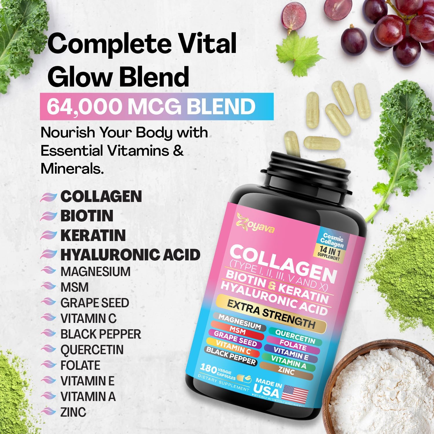 Zoyava Collagen Pills Peptides Types I, II, III, V & X Biotin Keratin Hyaluronic Acid MSM Vitamin A Vitamin C Vitamin E Folic Acid Zinc Magnesium with Grape Seed Extract, Quercetin (180 Caps)