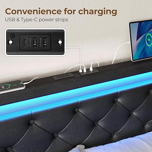 Miniatura 4 de Rolanstar Base de cama Queen con luces LED y estación de carga, cama de piel sintética con cajones, listones de madera, sin ruido, fácil montaje