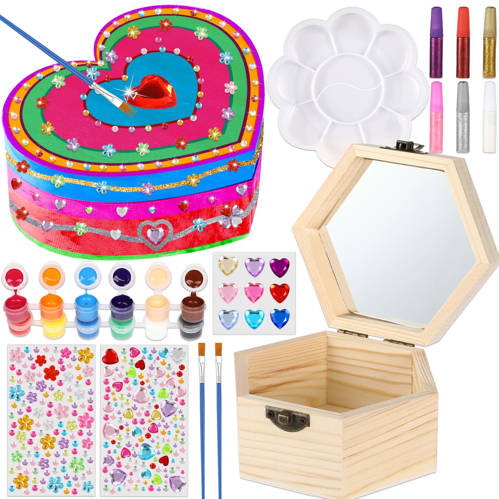 QyeahkjPaint Your Own Wooden Treasure Box Arts Crafts Kit, DIY Heart Jewelry Kit for Ages 3 4 6 8 Birthday Party Favor Gift Set Activity
