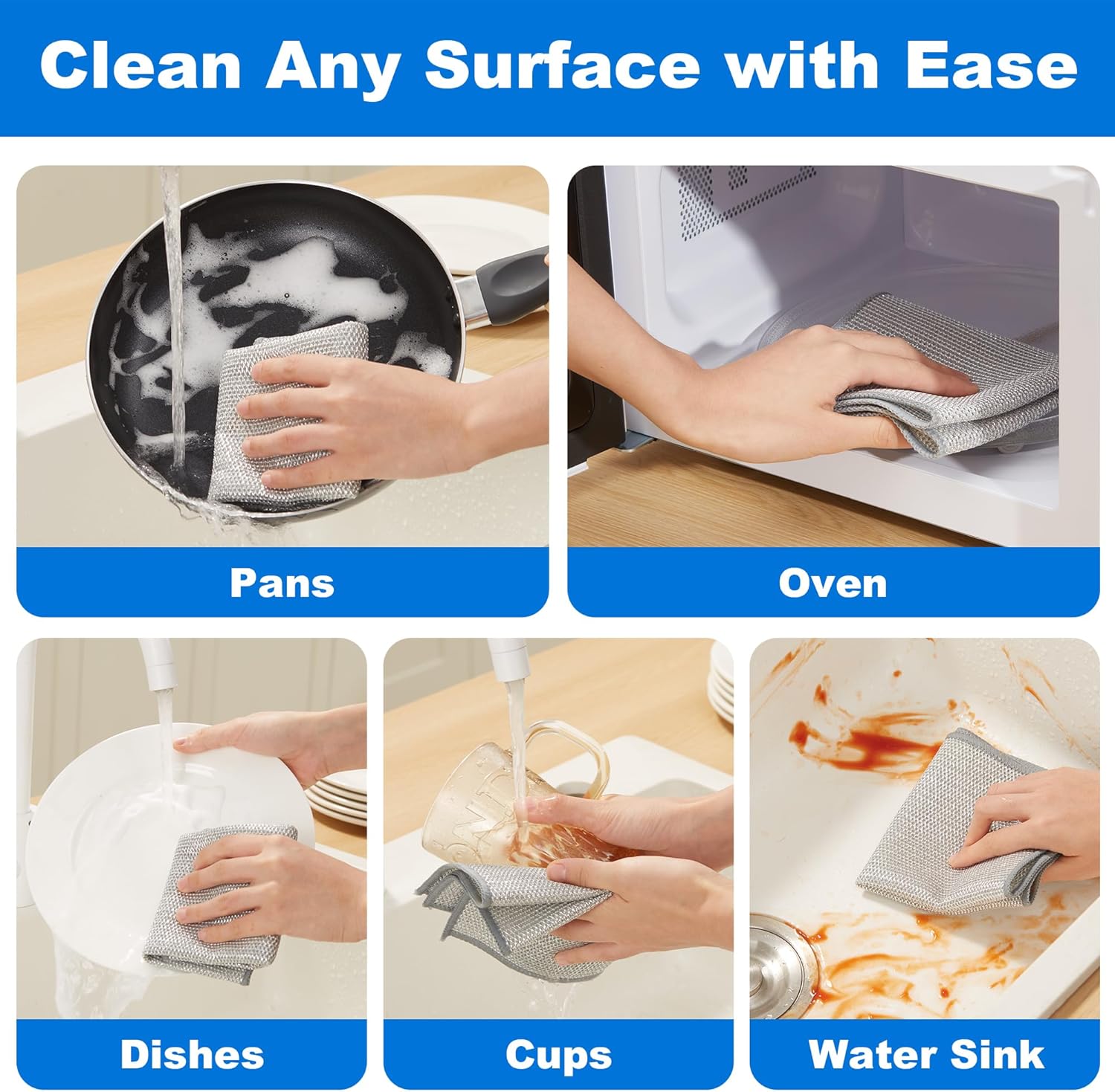 JOYMOOP Multipurpose Non-Scratch Wire Dishwashing Rag for Wet and Dry, Reusable Cleaning Cloths, Scrubbing Pads for Dishes, Glass, Stainless Steel - 5 Pack Sponge Layered Silver 10"x10" - 5pcs