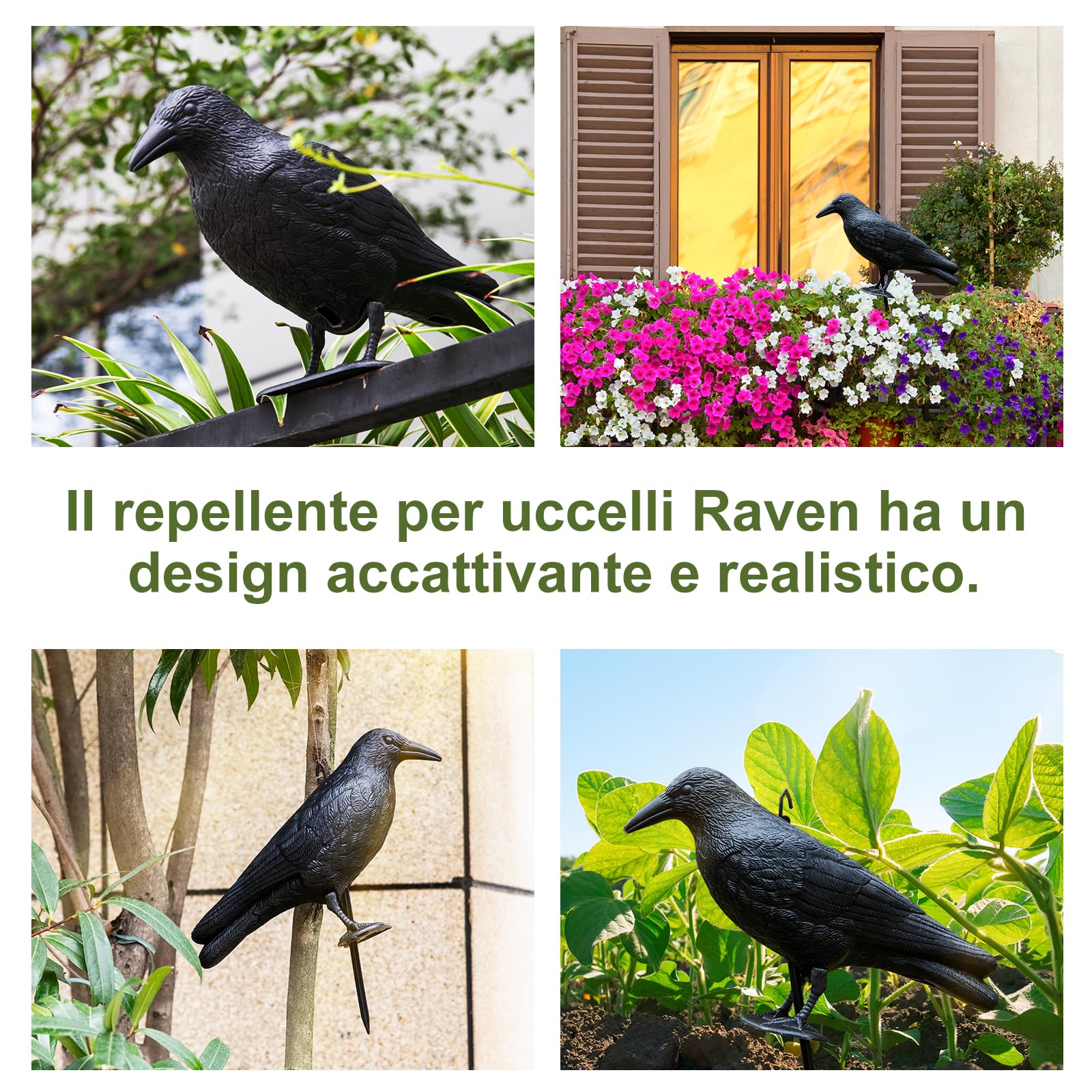 OFFO Corvo Scaccia Piccioni, Dissuasore Uccelli per Balcone, Giardino e Terrazzo, Repellente Piccioni Realistico in Polietilene Resistente, 3 Pezzi