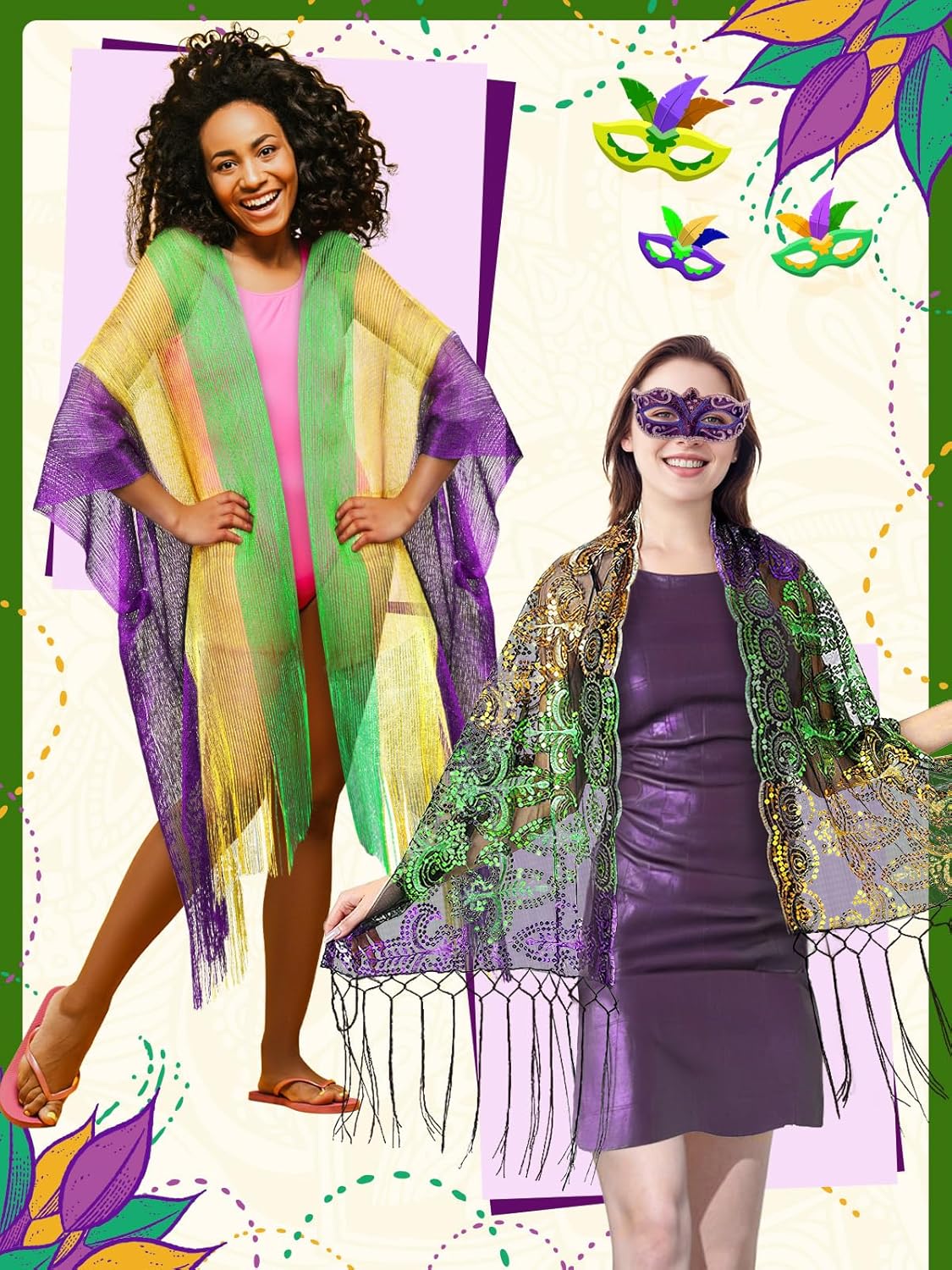 2 Pcs Mardi Gras Shawl Scarf Poncho Outfits for Women Mardi Gras Outdoor Party Holiday Masquerade Accessories - Image 6