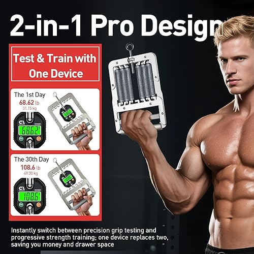 Miniatura 2 de Probador y entrenador de fuerza de agarre 2 en 1, dinamómetro digital de 330.7 lbs330 libras con niveles de resistencia ajustables, pantalla LCD