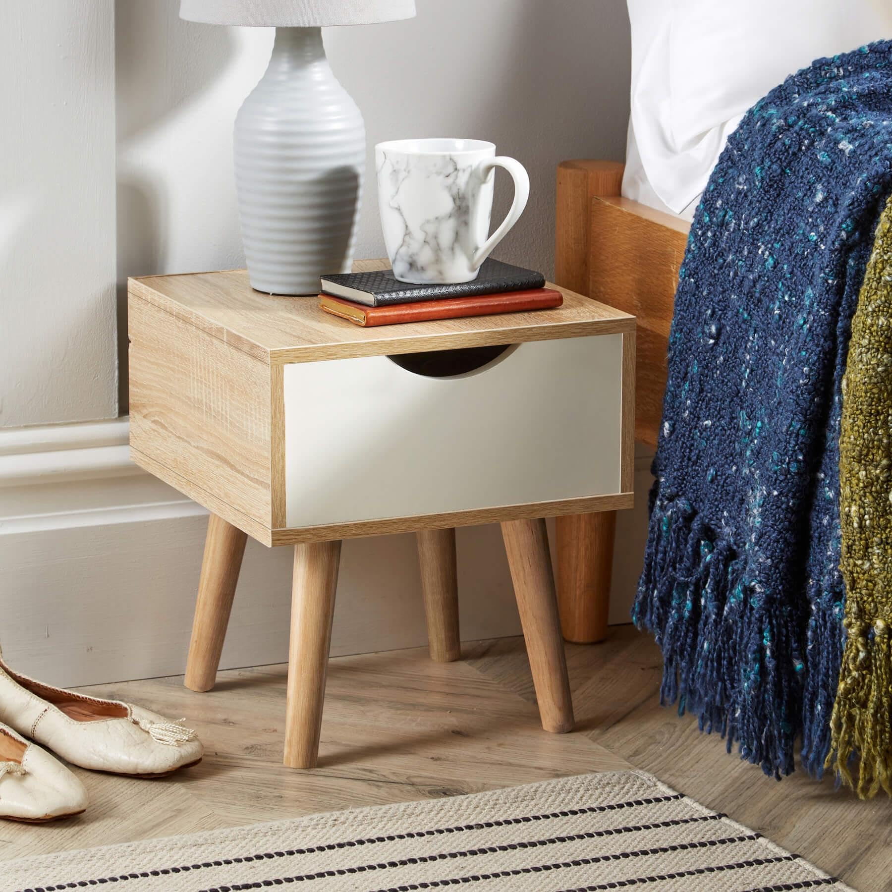 Home Source Bedside Cabinet 1 Drawer Oak Effect White Lamp Side Table, Solid Wood Legs, Scandi Style