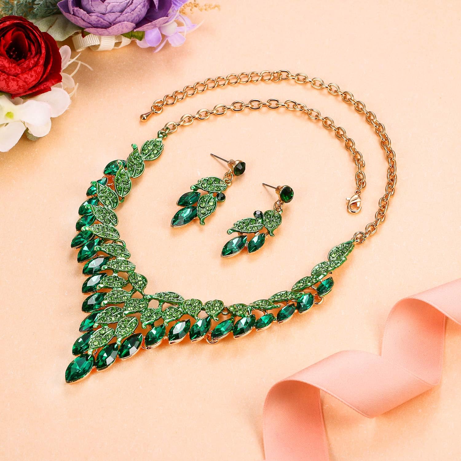 EVER FAITH Bridal Jewelry Sets Marquise Crystal Statement Leaf Floral Necklace Earrings Set for Women
