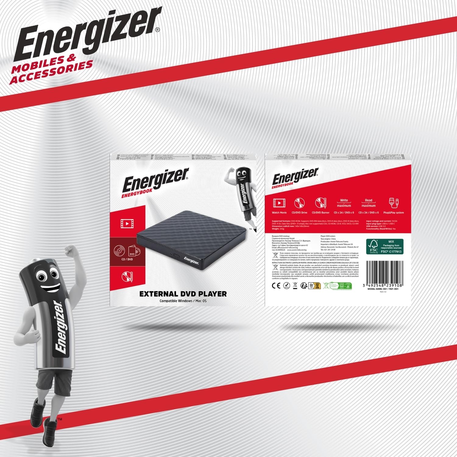 Energizer - Lecteur Graveur DVD Externe USB 3.0 & Type-C - Haute Vitesse 5Gbps - Plug & Play pour PC, MacBook & Windows - Compatible CD-RW, DVD±RW - Design Fin & Noir