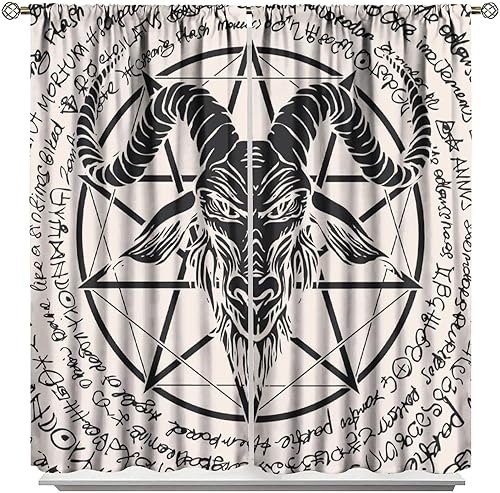 Vista 372 de Cortinas de cabeza de cabra, misteriosa cabeza de cabra malvada, calavera negra, bolsillo para barra, cortinas opacas para ventana, juego de 2