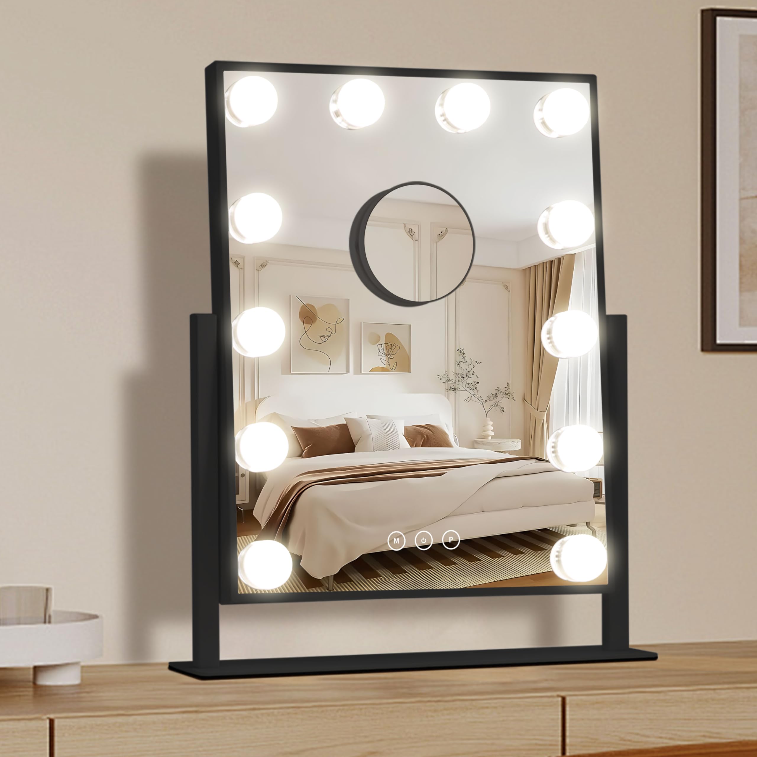 Nusvan Vanity Mirror with Lights,Makeup Mirror with Lights,3 Color Lighting Modes Detachable 10X Magnification Mirror Touch Control,14.6Inches (Black)