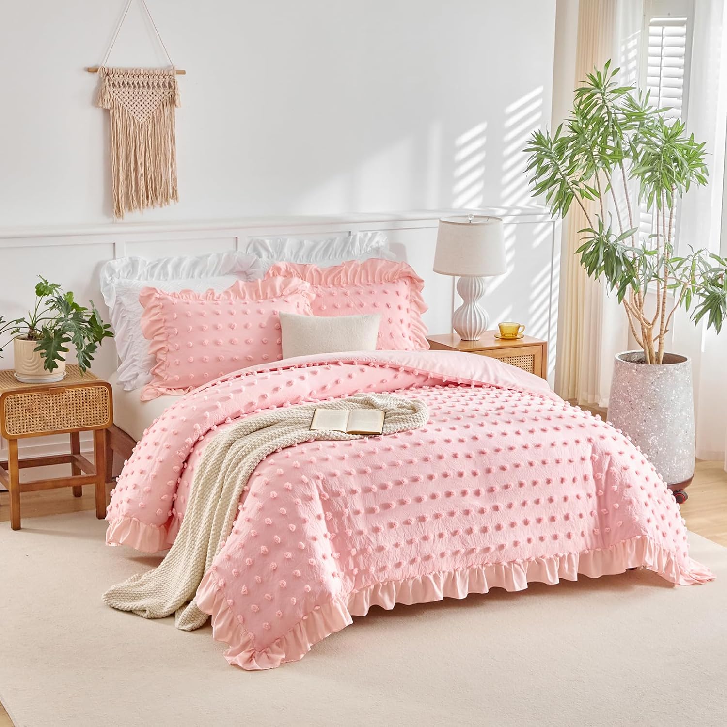 Flysheep Tufted Dots Ruffle Duvet Cover Set Queen Size, 3 Pieces Vintage Farmhouse Shabby Chic Ruffled Duvet Cover with Zipper Closure, Luxury Jacquard Boho Bohemian Bedding Set (Pink, Queen)