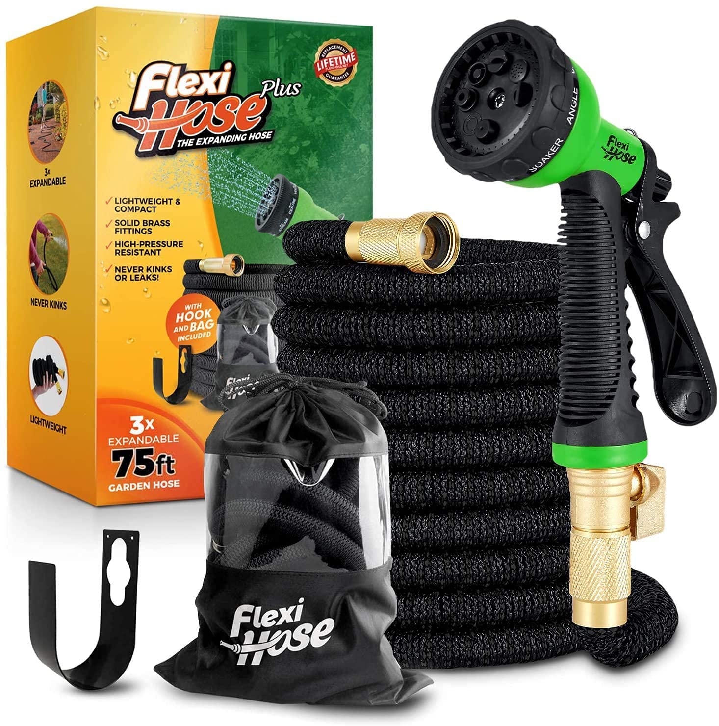 Flexi Hose PLUS with 8 Function Nozzle Expandable Garden Hose, Lightweight & No-Kink Flexible Garden Hose, 3/4 inch Solid Brass Fittings and Double Latex Core, 75 ft Black