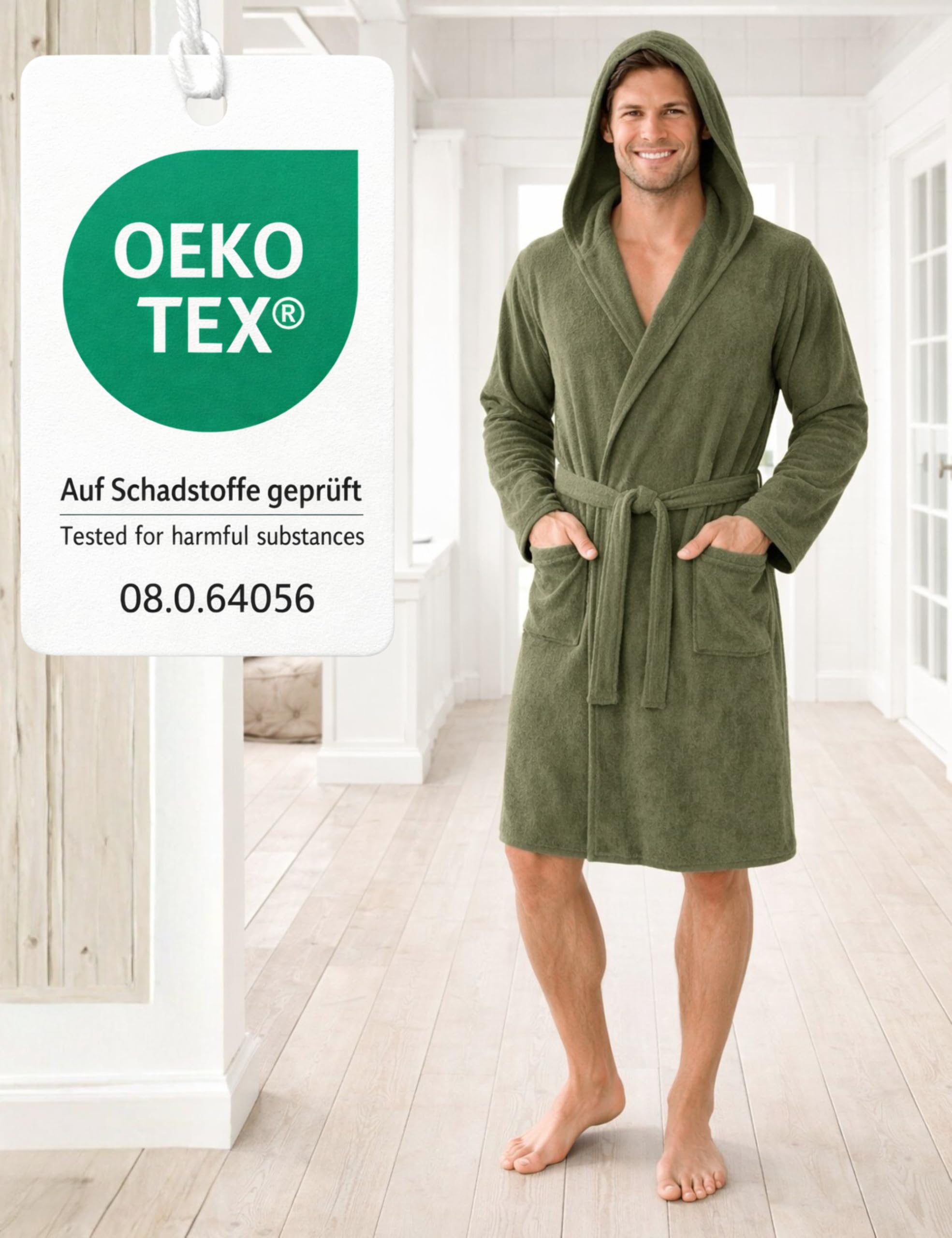 Morgenstern Szlafrok męski, lekki frotte, cienki, 100% bawełna, krótki z kapturem, Öko-Tex-Standard XL, zielony