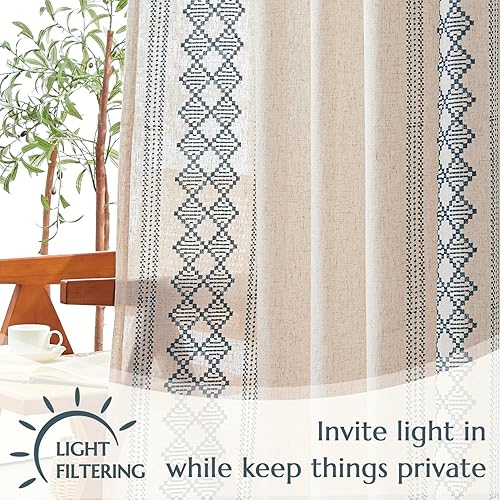 Miniatura 4 de JINCHAN Cortinas bohemias de lino blanco, borde con bordado, para ventana, dormitorio y sala de estar, 84 pulgadas de largo (213.36 cm), 2 paneles