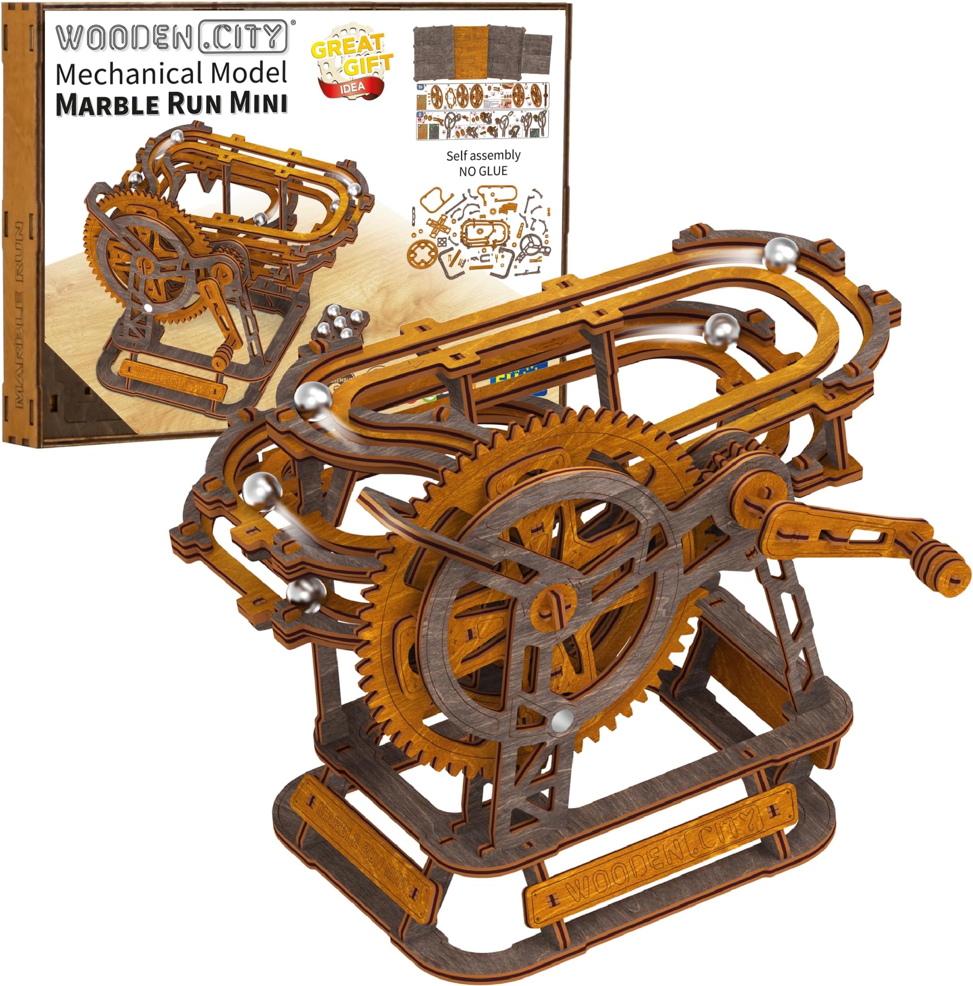 Wooden.City Marble Run Mini 3D Puzzle - European Crafted Wooden Mecahnical Model kit Marble Maze for Self-Assembly - No Glue Required, Ideal for Adults