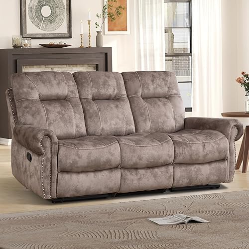 EBELLO Manual 3 Seat Reclining Sofa Couch, Soft Fabric 3 Seater Recliner Couch, Vintage Rivet Mid-Century Design Furniture for Living Room, Meeting Room, Brown