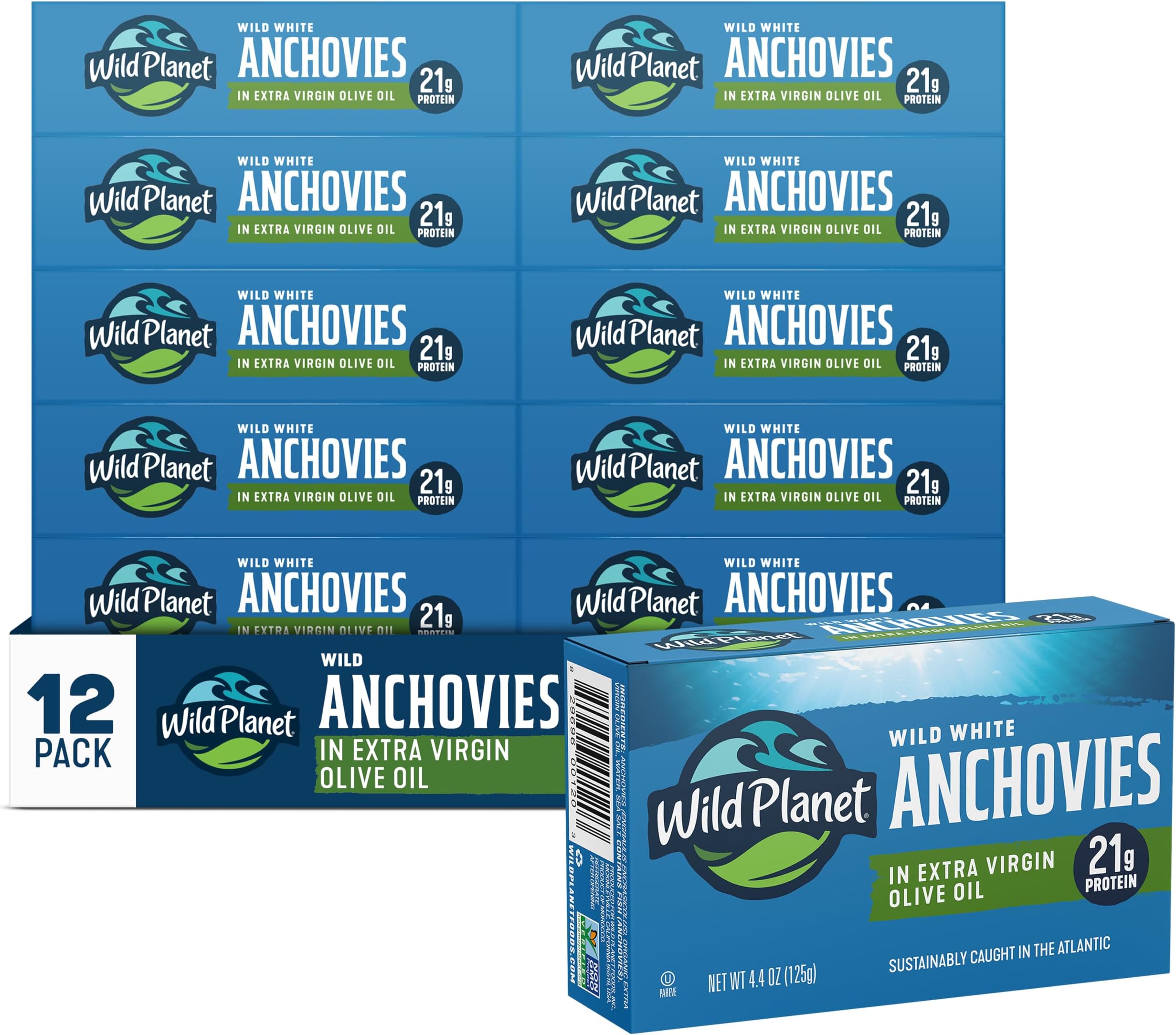 Wild Planet Wild White Anchovies in EVOO, 4.4 Ounce Can, Pack of 12 | Sustainably Caught Canned Anchovies in Extra Virgin Olive Oil. Non-GMO, Gluten Free, Kosher, Dairy Free