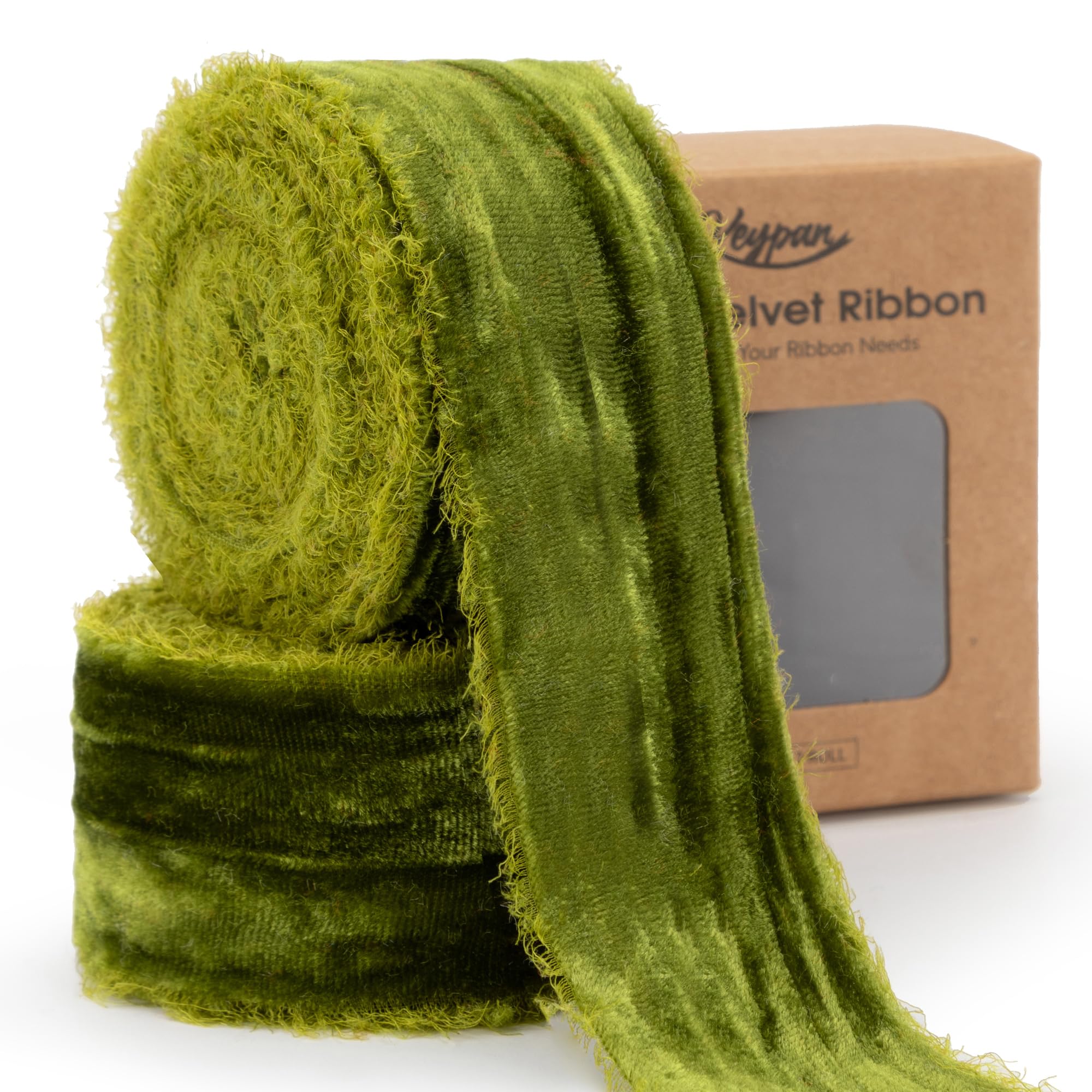 Keypan Moosgrünes Samtband, 3,8 cm x 6 m, zerknittert, handgefertigt, ausgefranst, Vintage-Bänder für Weihnachten, Geschenkverpackung, Baum, Heimdekoration, Kranz, Basteln, Ornamente