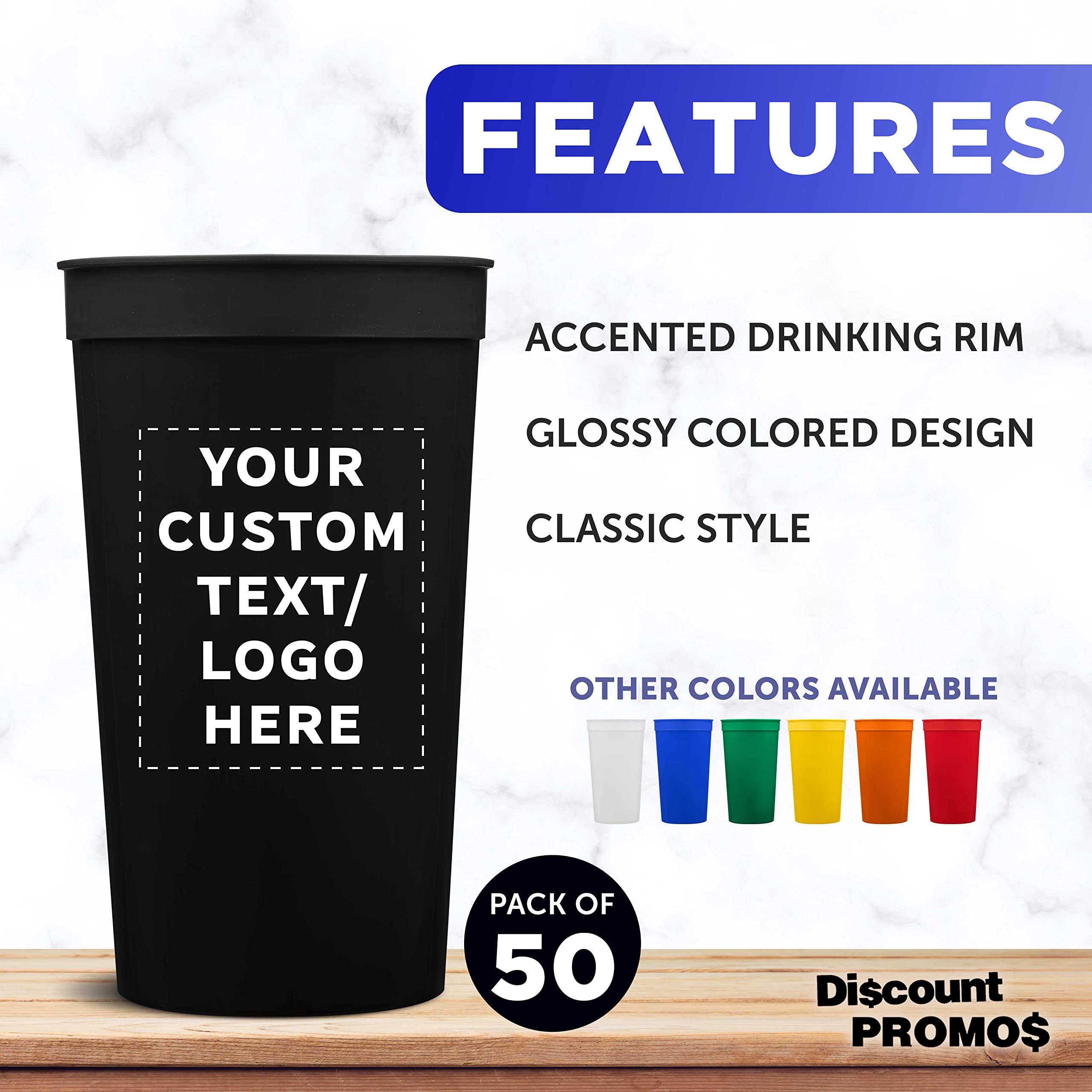 Custom Plastic Stadium Cups 32 oz. Set of 50, Personalized Bulk Pack - Perfect for Summer, Sporting Events, Birthdays, Picnic, Beach, Parties - Black