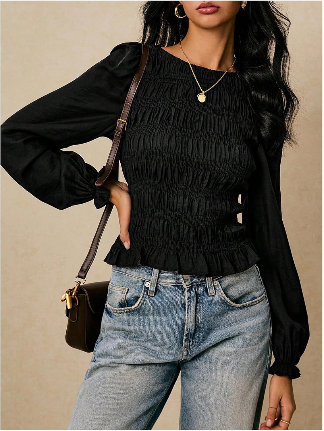 SHENHE Women's Puff Long Sleeve T Shirt Crew Neck Shirred Ruffle Fitted Tee Tops - Image 5