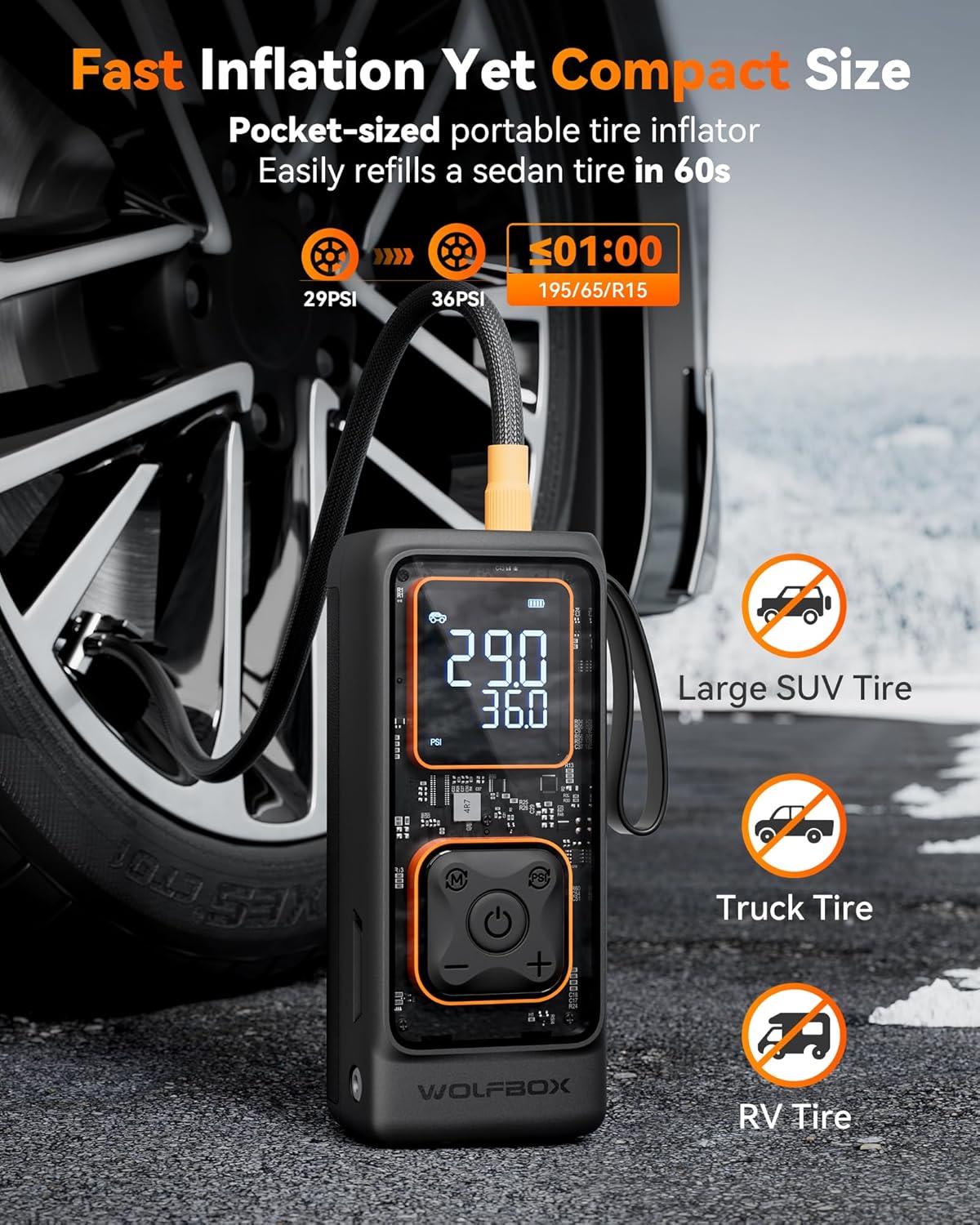 WOLFBOX Cordless Tire Inflator Portable Air Compressor, 150PSI Air Pump for Car Tires, Motorcycle, Bicycle & Ball, with Smart Digital Pressure Gauge, Auto Shut-Off & LED Flashlight - Image 2