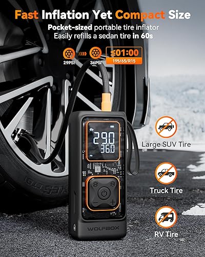 Vista 2 de WOLFBOX Inflador de neumáticos inalámbrico, compresor de aire portátil, bomba de aire de 150 PSI para neumáticos de automóvil, motocicleta