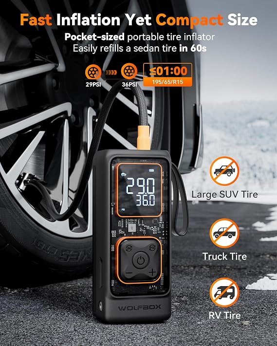 WOLFBOX 4000A Jump Starter & 150PSI Tire Inflator