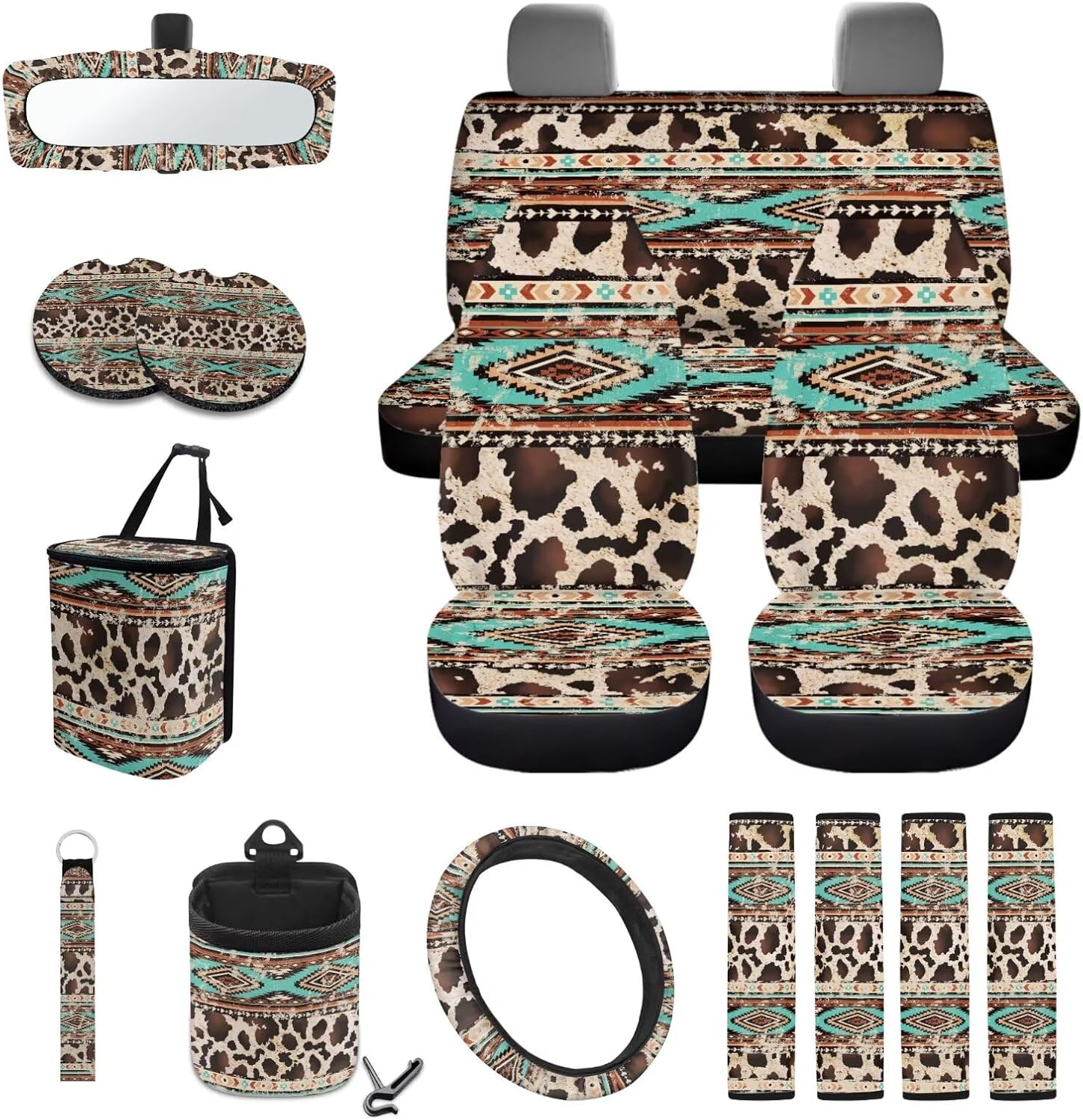 Aztec Cow 15 Pcs Car Seat Cover Full Set for Women Car Seat Cover with Steering Wheel Cover Seat Belt Pad Garbage Can Rear View Mirror Cover Air Vent Storage Bag Universal