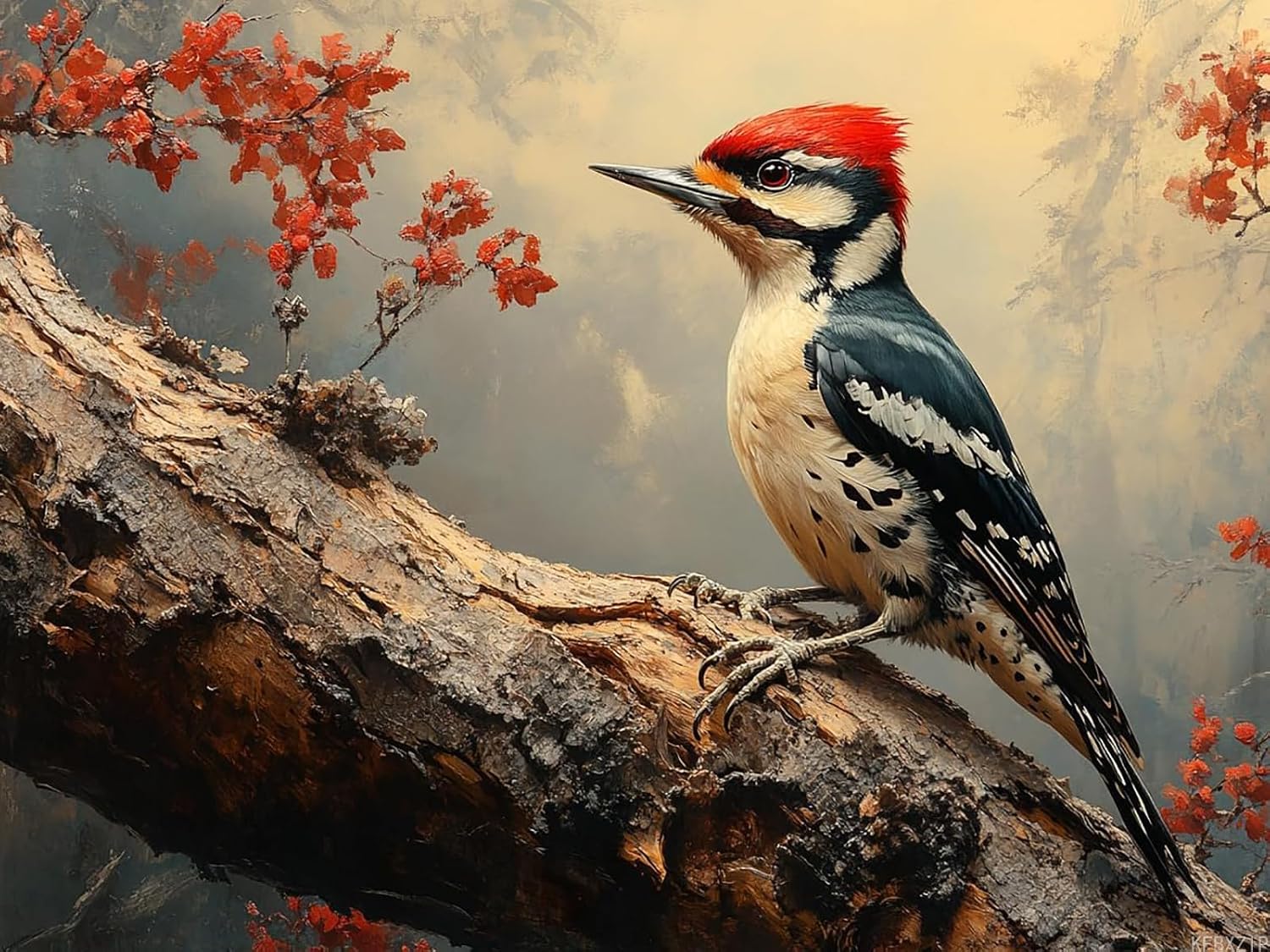 KFBXZIP Stamped Cross Stitch Kits, Woodpecker Drumming on Hollowed Oak, Needlepoint Counted Cross Kits for Beginners, Embroidery Kits Arts Home Decor 11CT, 12x16 inch