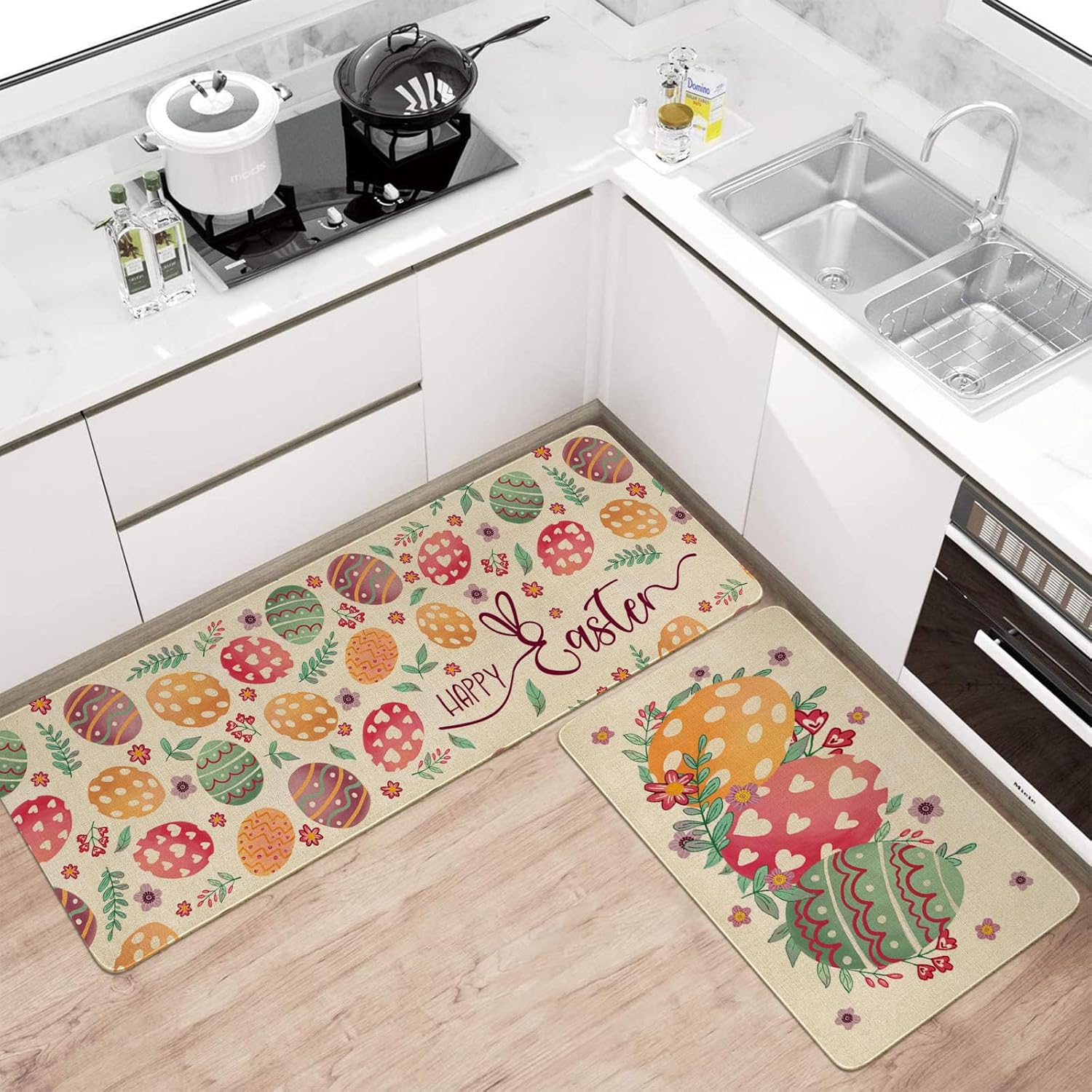 Happy Easter Kitchen Rugs and Mats Set of 2,Spring Eggs Flowers Floral Farmhouse Non Slip Washable Floor Sink Mats Decorations for Home Kitchen 18"x48"+18"x30"