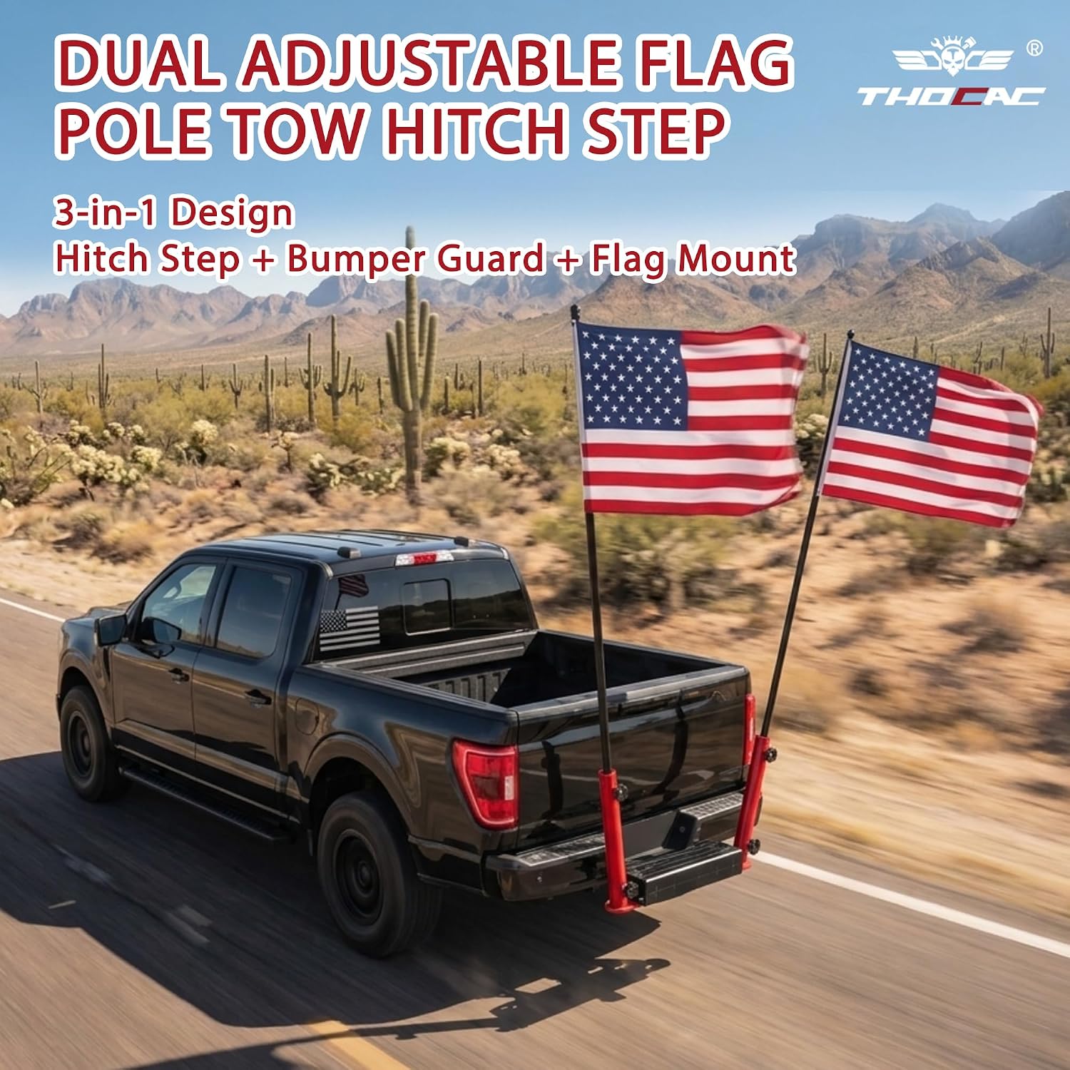 Hitch Step for 2 Inch Receiver, Dual Adjustable Detachable Flag Pole Holders for Parades Tailgating, Off Road Convoys and Camping Trips, Compatible with Pickup Trucks SUVs ATVs Camper (Red)