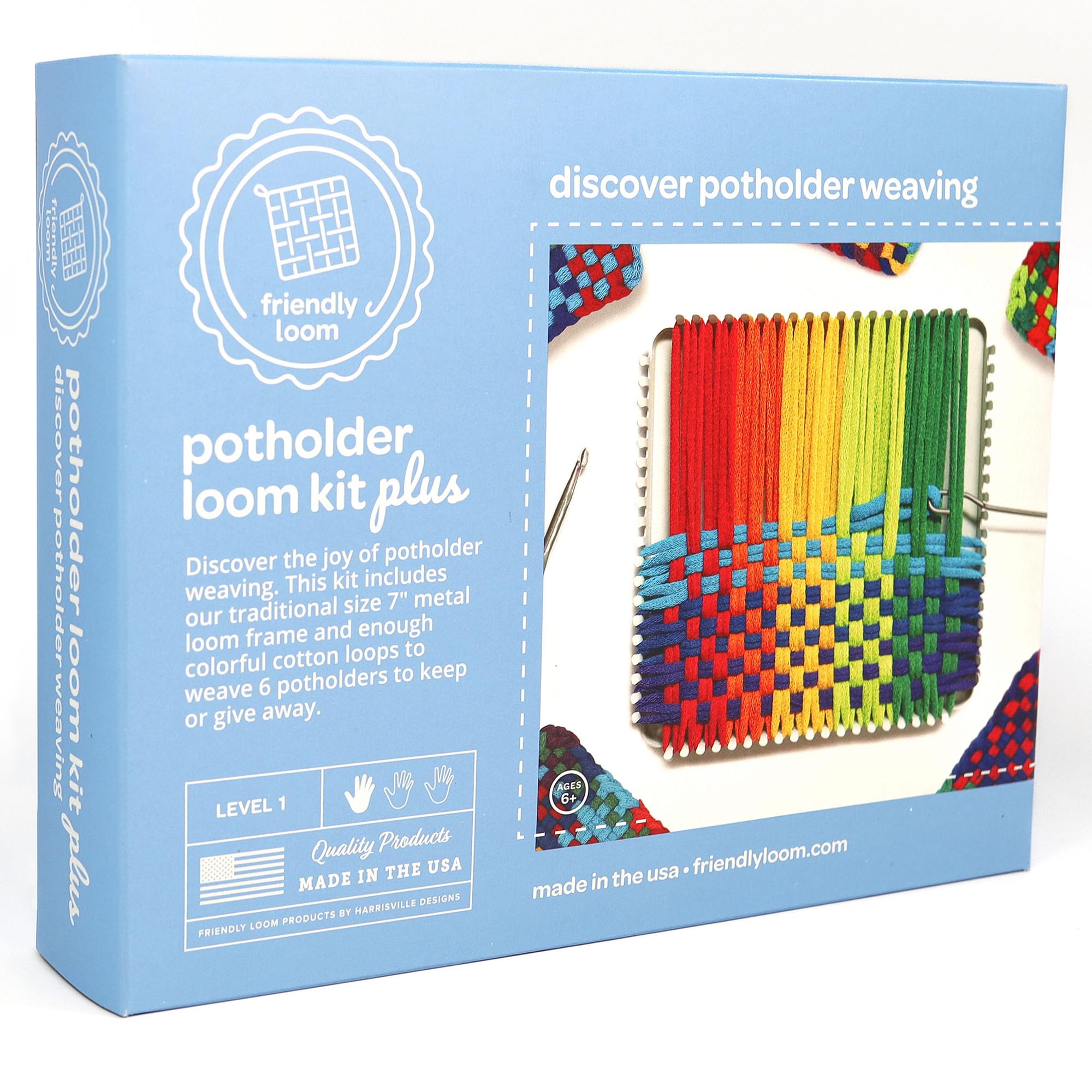 Friendly Loom 7” Traditional Potholder Plus Weaving Kit | Sturdy Metal Loom and Quality Cotton Weaving Loops in Rainbow Colors | Complete Kit to Weave 6 Functional Potholders | Made in the USA
