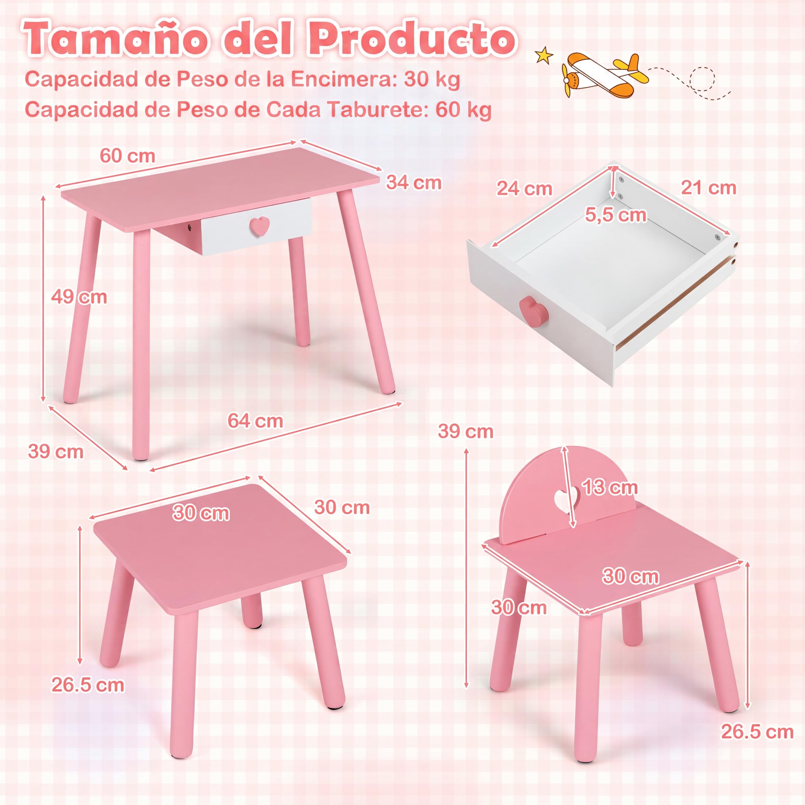 COSTWAY Tocador de Maquillaje Niña para Manicura con Silla y Taburete