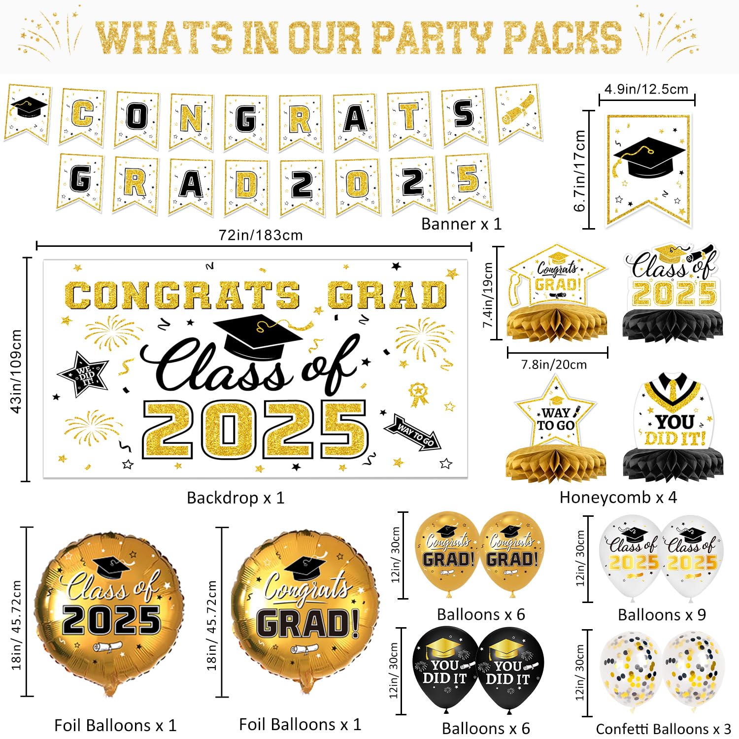 Graduation Decorations Class of 2025 - Congrats Grad Banner & Backdrop, Hanging Swirl, Balloons & Streamers Kit, Honeycomb Centerpieces for White and Gold Congrats Grad Party Decorations