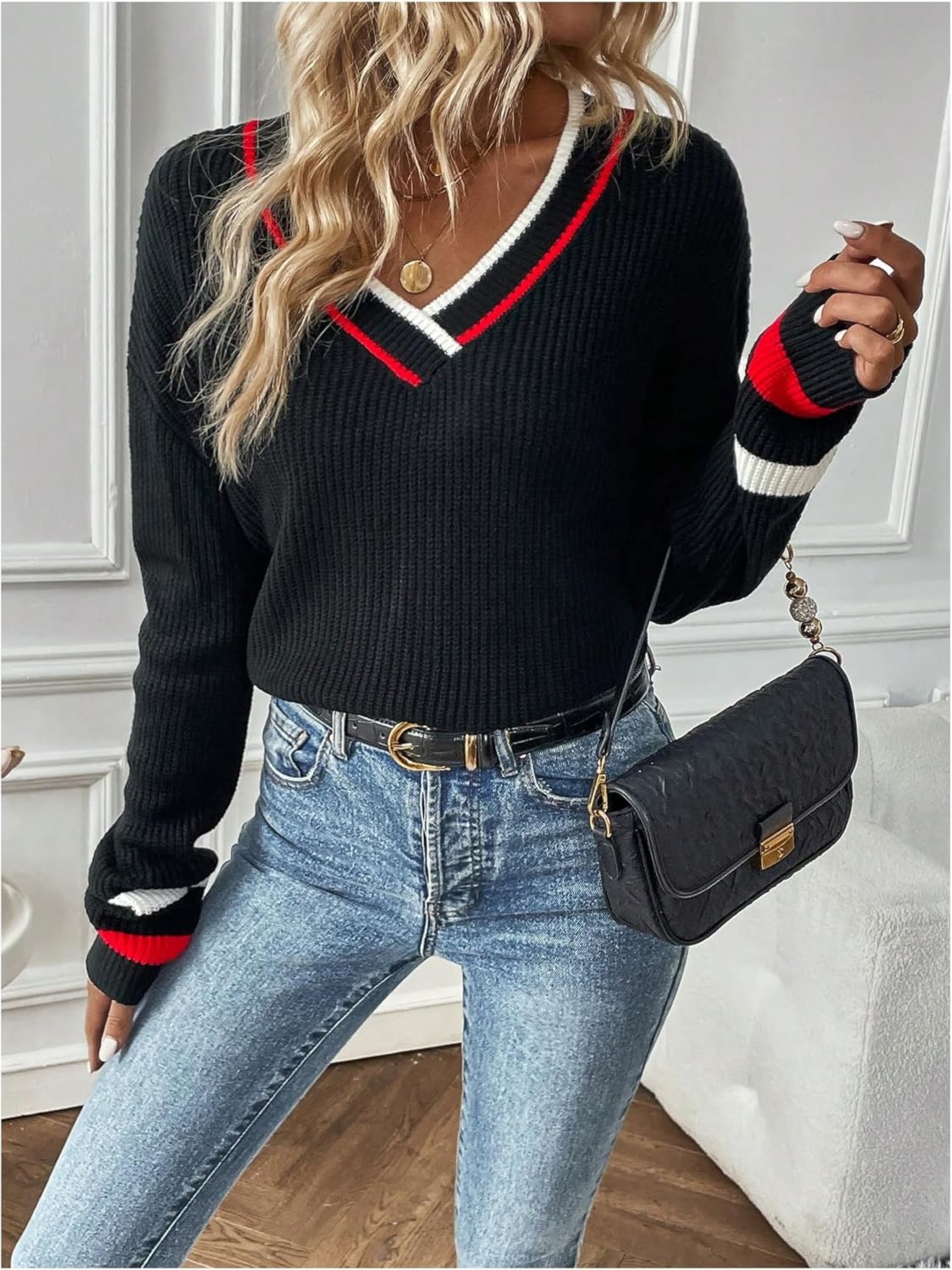SOLY HUX Women's Striped Sweater V Neck Long Sleeve Knit Pullover Jumper Tops Fall Winter Clothes - Image 4