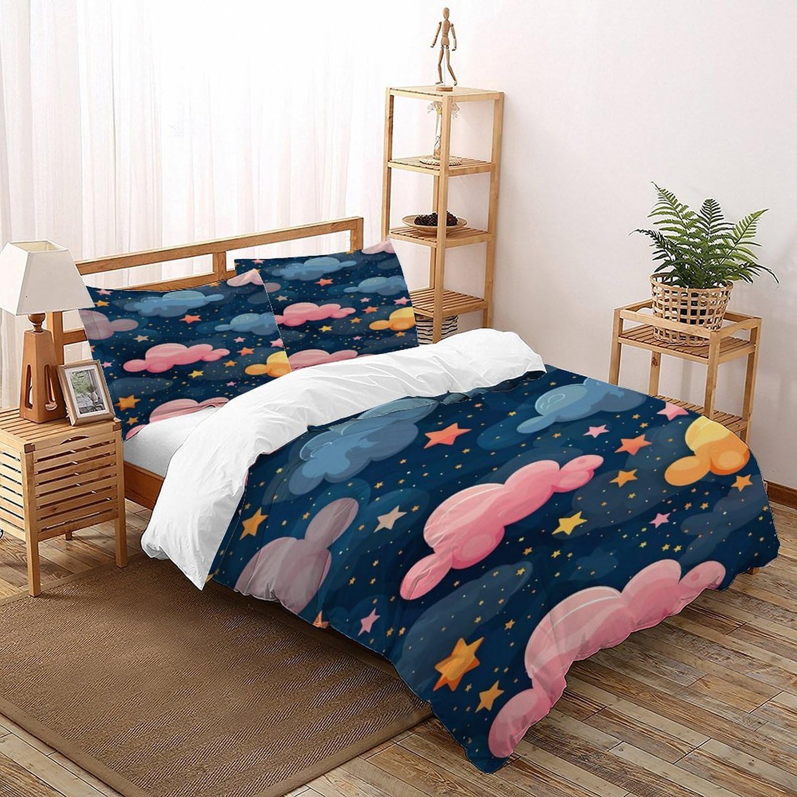 Housse de couette respirante contre la chaleur nocturne parure lit microfibre nuages étoiles